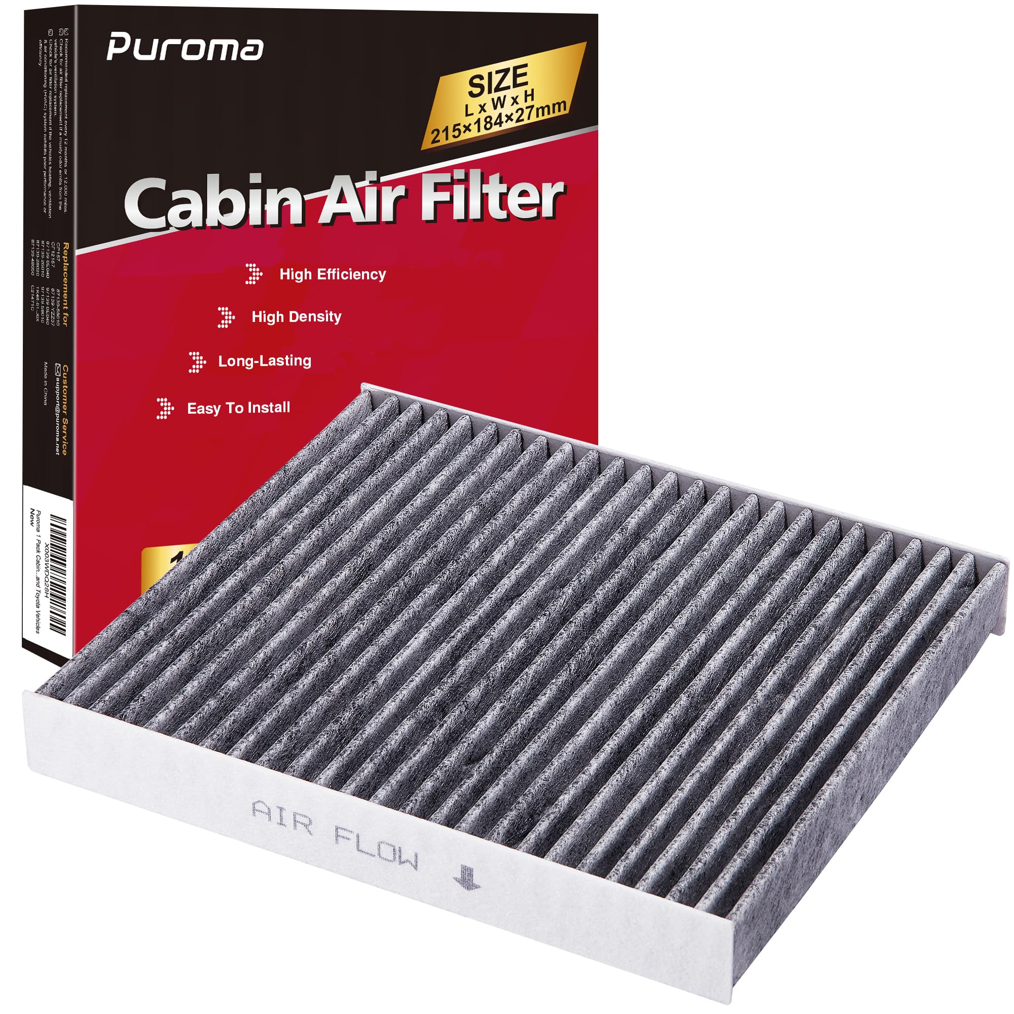 Puroma 1 Pack Cabin Air Filter with Activated Carbon, Replacement for CP157, CF12157, Select Lexus, Mazda, Subaru and Toyota Avalon, Camry, Corolla, Highlander, Prius, RAV4, Sienna, Venza