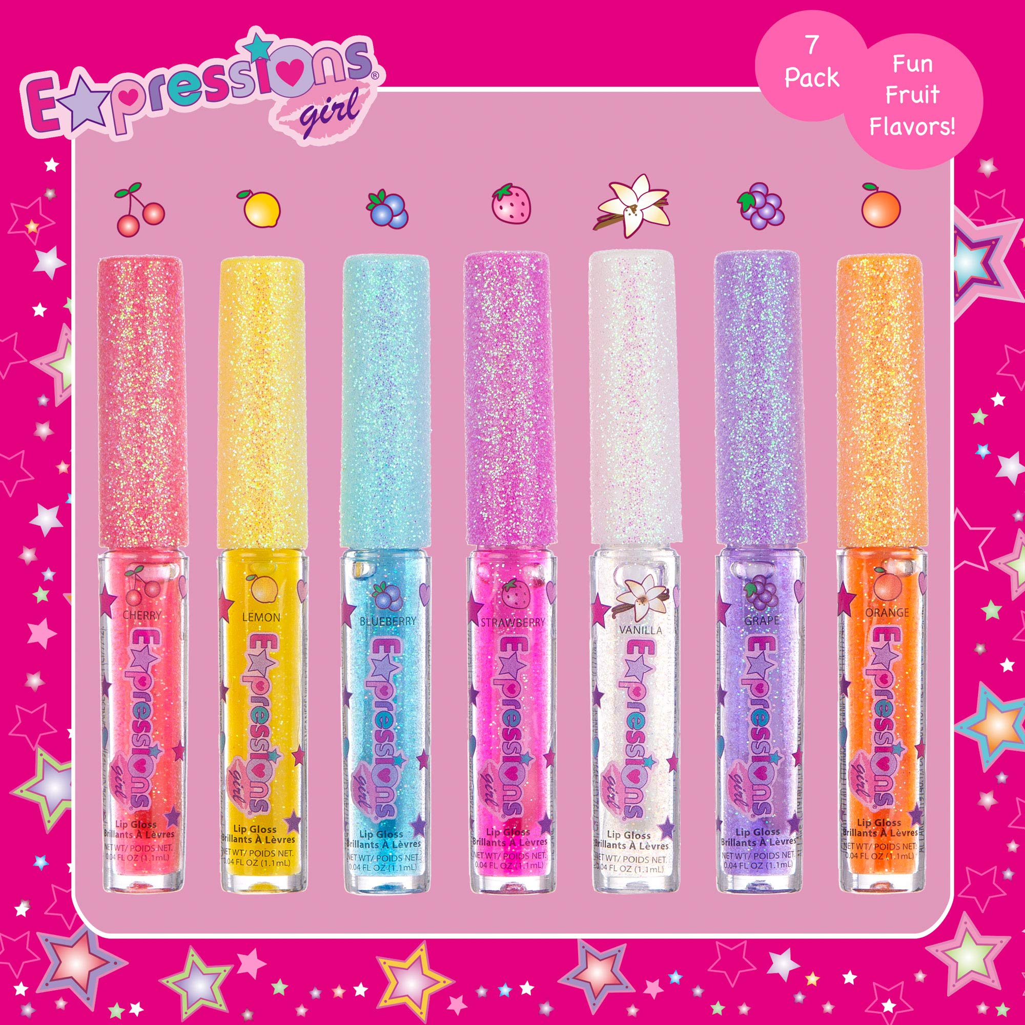 Expressions 7pc Fruity Flavored Lip Gloss Set - Lip Gloss in Assorted Fruity Flavors, Non Toxic Makeup for Kids & Teens