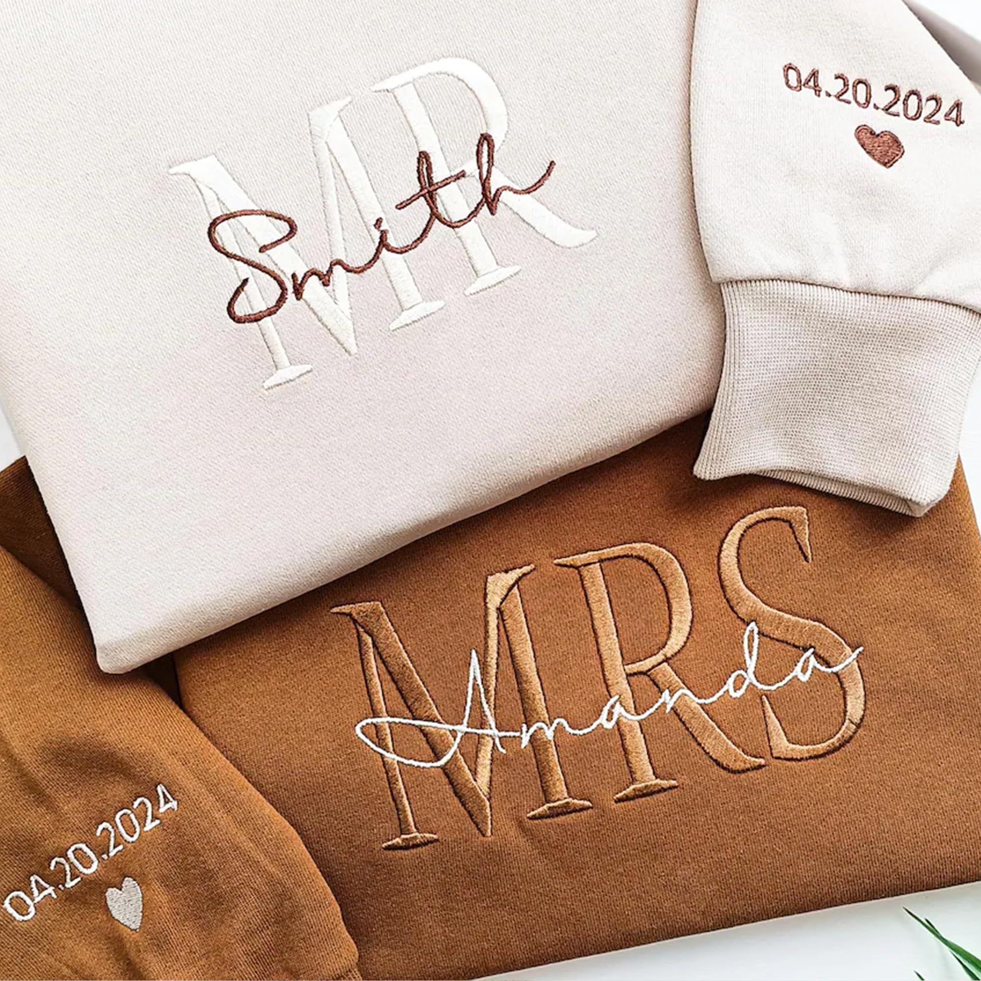 Personalized Mr and Mrs Embroidered Crewneck Sweatshirts with Dates on Sleeve, Personalized Husband and Wife Matching Shirt, Customized Honeymoon Matching Outfit, Custom Bride & Groom Gift