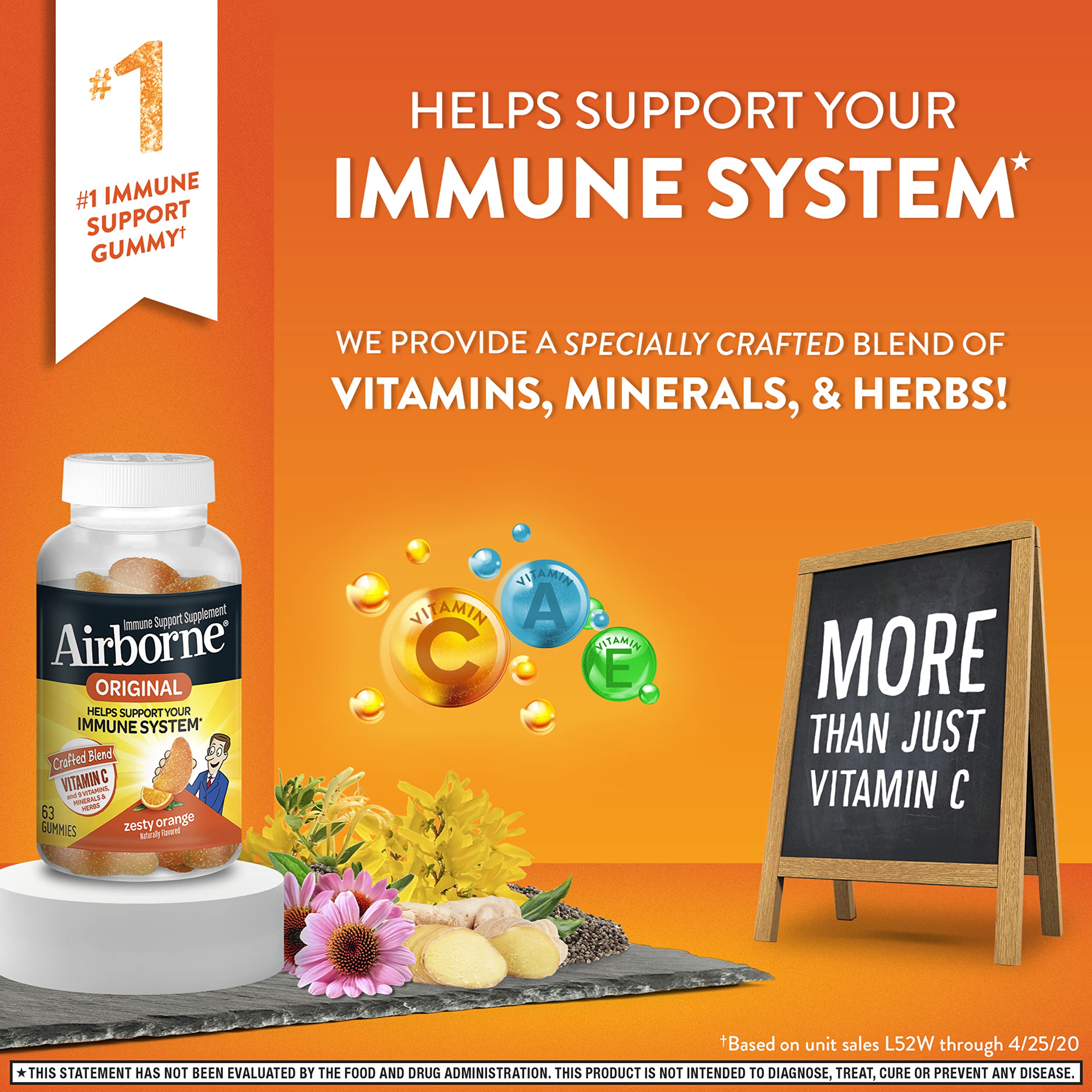 Airborne 750mg Vitamin C Gummies For Adults, Immune Support Supplement with Powerful Antioxidants Vitamins C & E - 63 Gummies, Zesty Orange Flavor