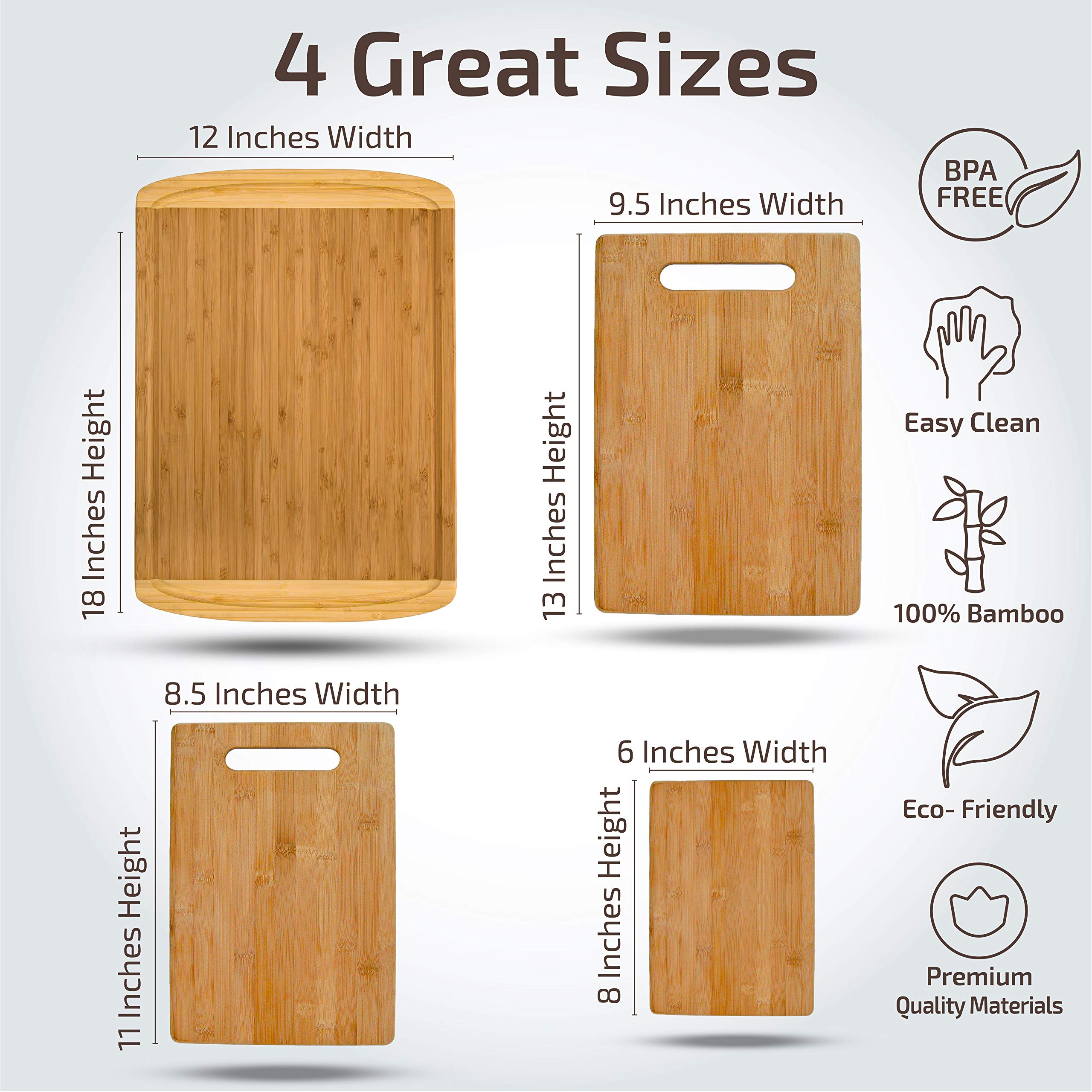 Bamboo Cutting Board Set - Wood Cutting Boards for Kitchen, Chopping Board with Juice Groove for Meat, Cheese and Vegetables - Large Butcher Block, Cheese Board & Charcuterie Board (Set Of 4)