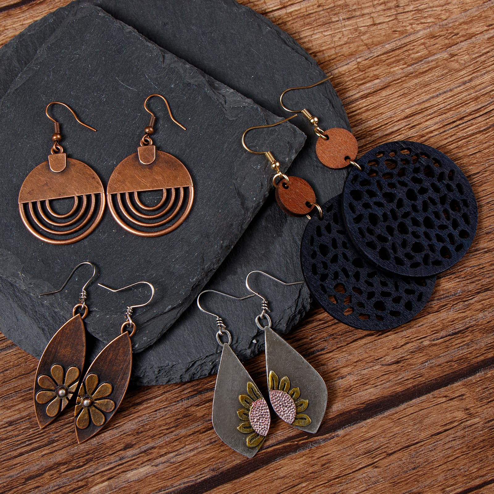 9 Pairs Boho Earrings Vintage Wooden Geometric Leather Earrings Flower Earrings Handmade Big Bohemian Trendy Earrings for Women