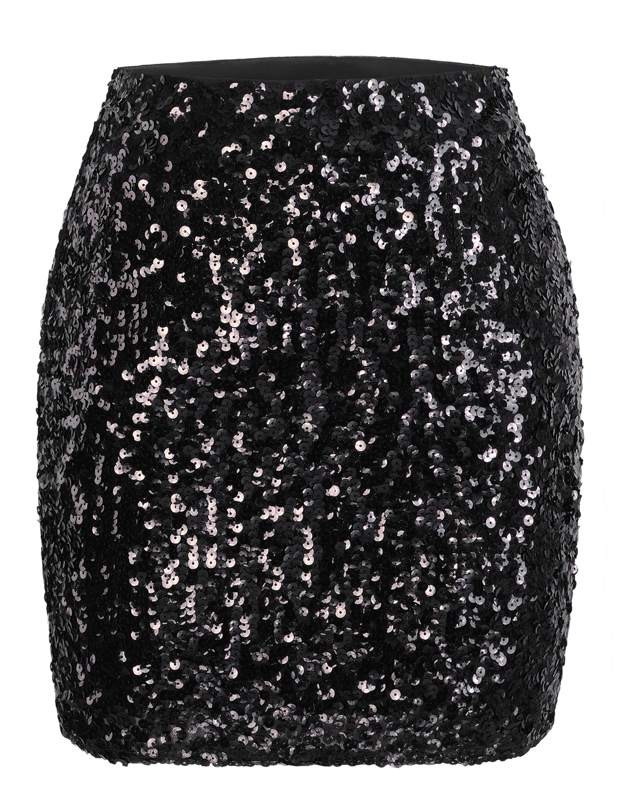 MANER Women's Sequin Skirt Sparkle Stretchy Bodycon Mini Skirts Night Out Party (M/US 8-10, Black)