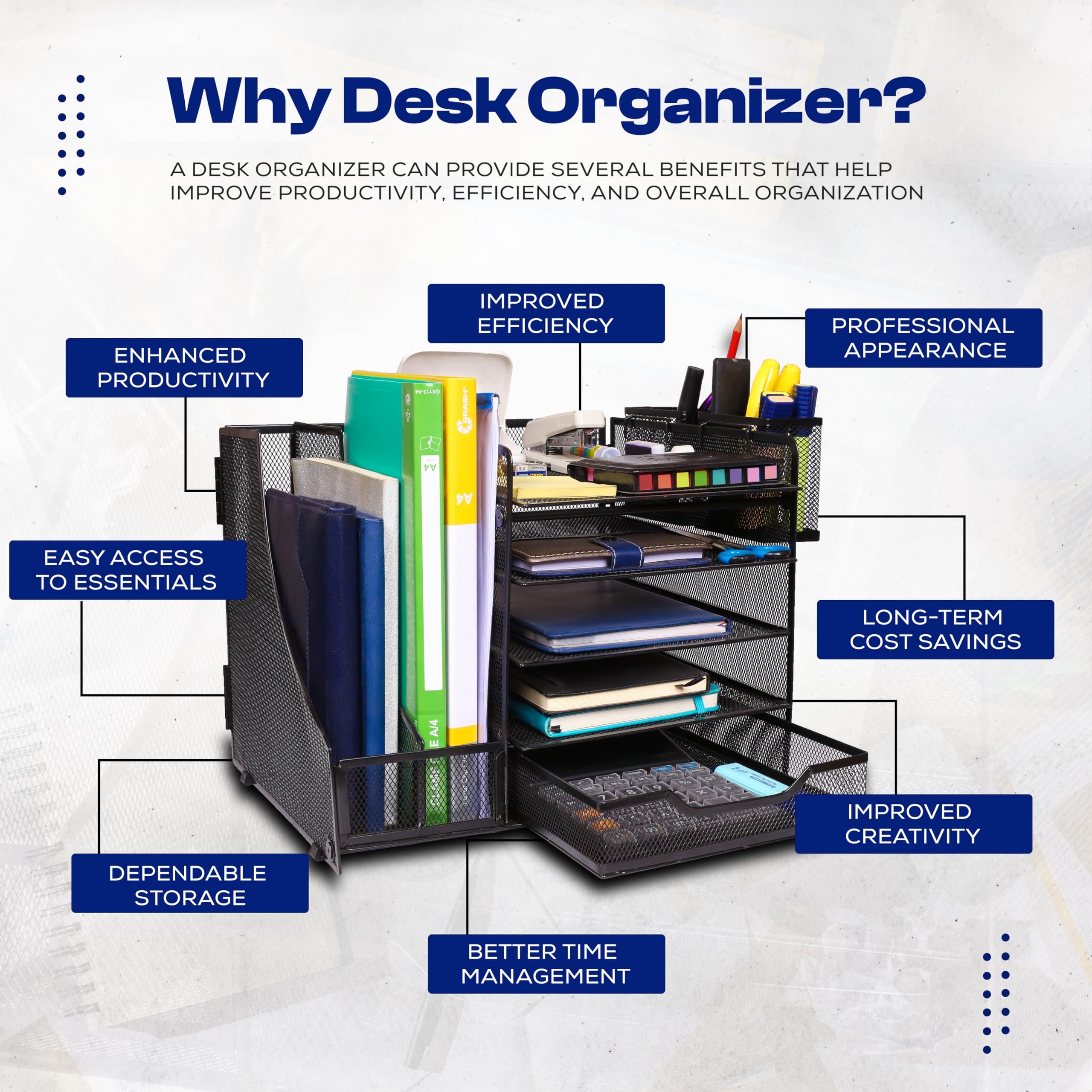 SimArtz 5-Tier Paper Letter Tray Organizer with File Holder - Desk Organizer with Drawer and Pen Holders, Rust-Resistant Metal Mesh Desktop Organizer - Perfect for Home & Office Supplies (Black)