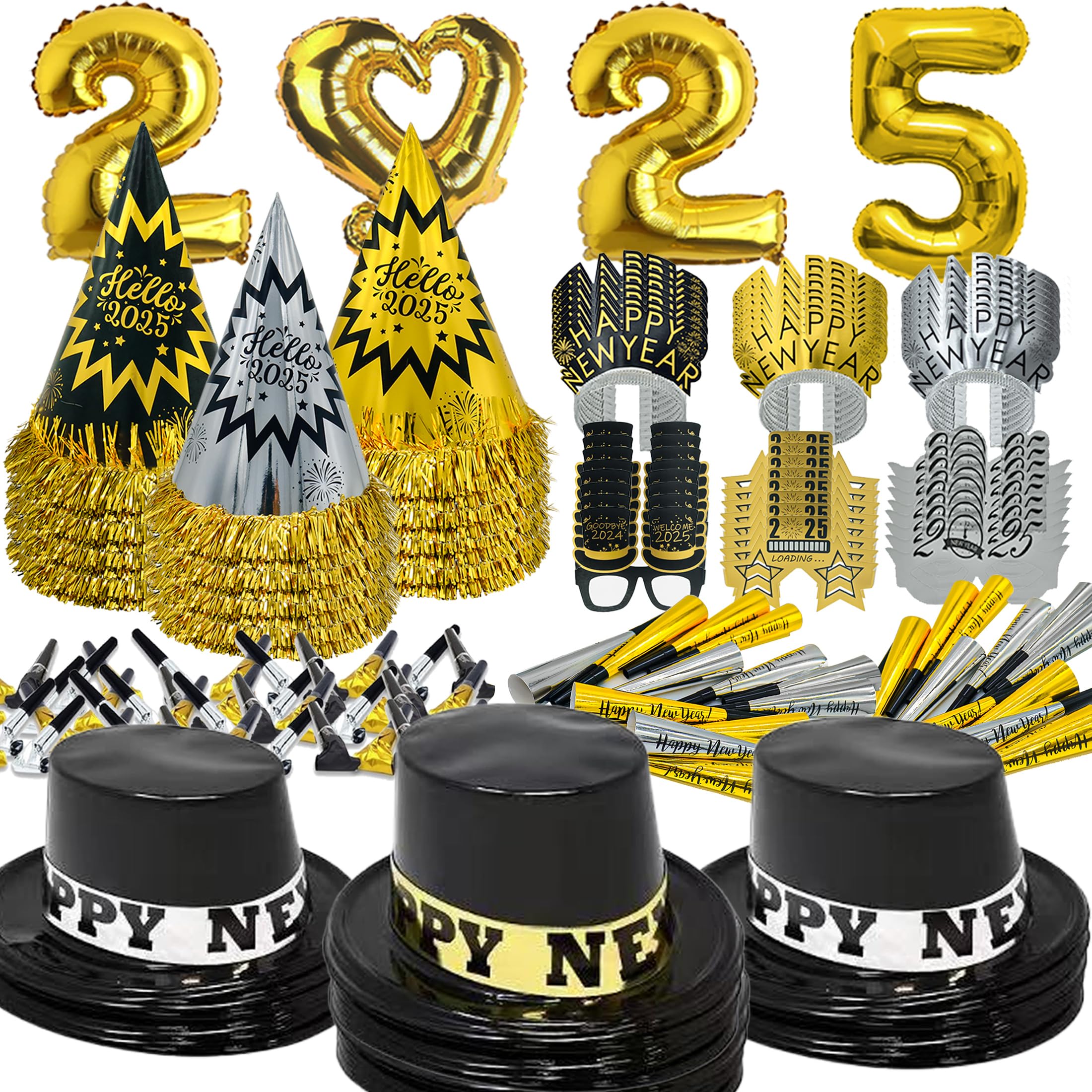 New Years Eve Party Supplies 2025 - 183 Pcs New Yeas Decorations 2025 Pack for 90 Guests, Comes with 42 New Years Hats, 24 New Years Tiara, 24 New Years Glasses, 90 Noiese Makers and 2025 Balloons