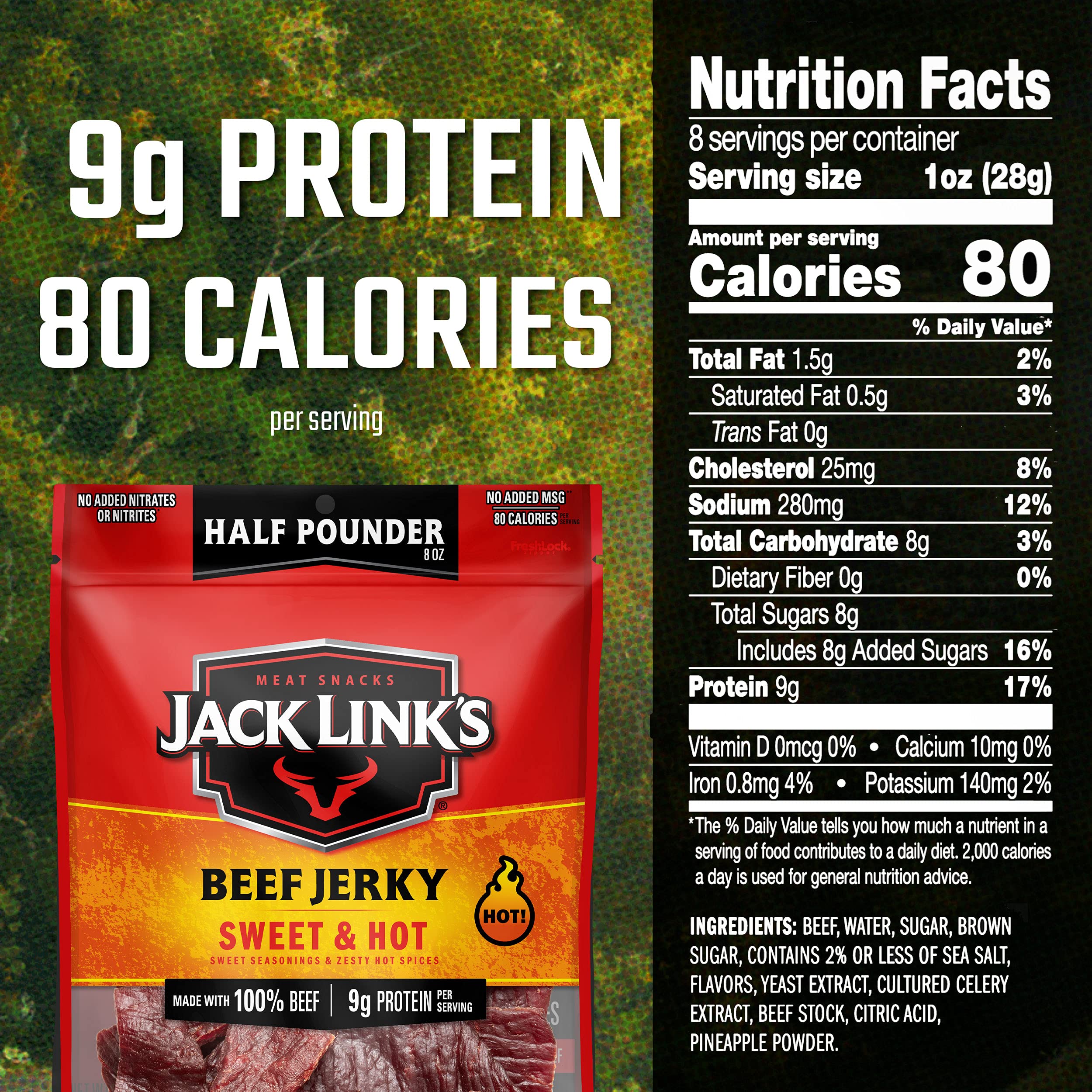 Jack Link's Beef Jerky, Sweet & Hot, ½ Pounder Bag - Flavorful Meat Snack, 9g of Protein and 80 Calories, Made with Premium Beef - 96 Percent Fat Free, No Added MSG or Nitrates/Nitrites