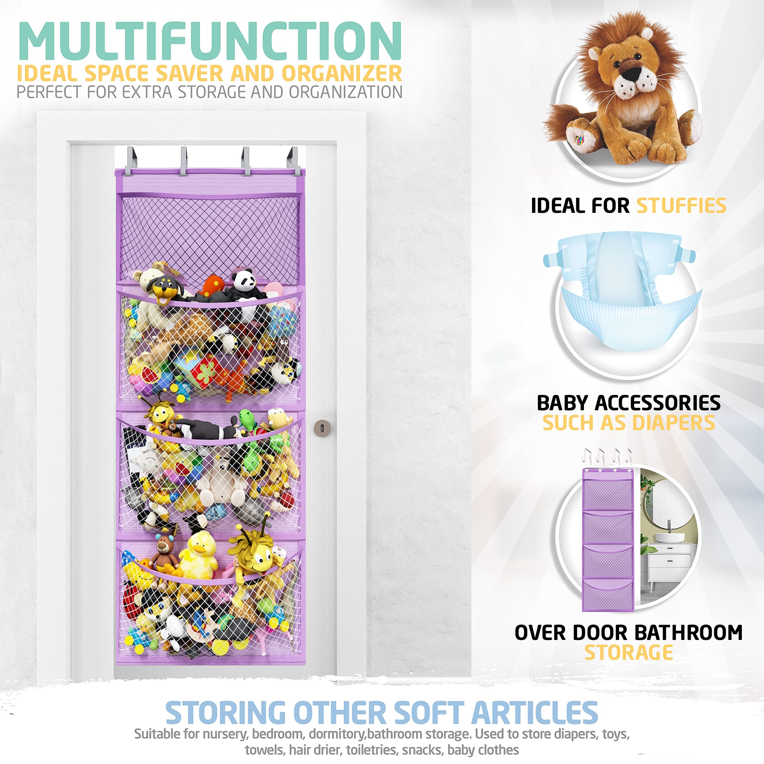 Honeyera Plush Storage (Patent Pending) - Plush Hammock Net Over Door Organizer for Stuffies, Baby Accessories, Toy/Hammock Hanging Storage Big Girls Toddler Large Bag Animals (Purple)