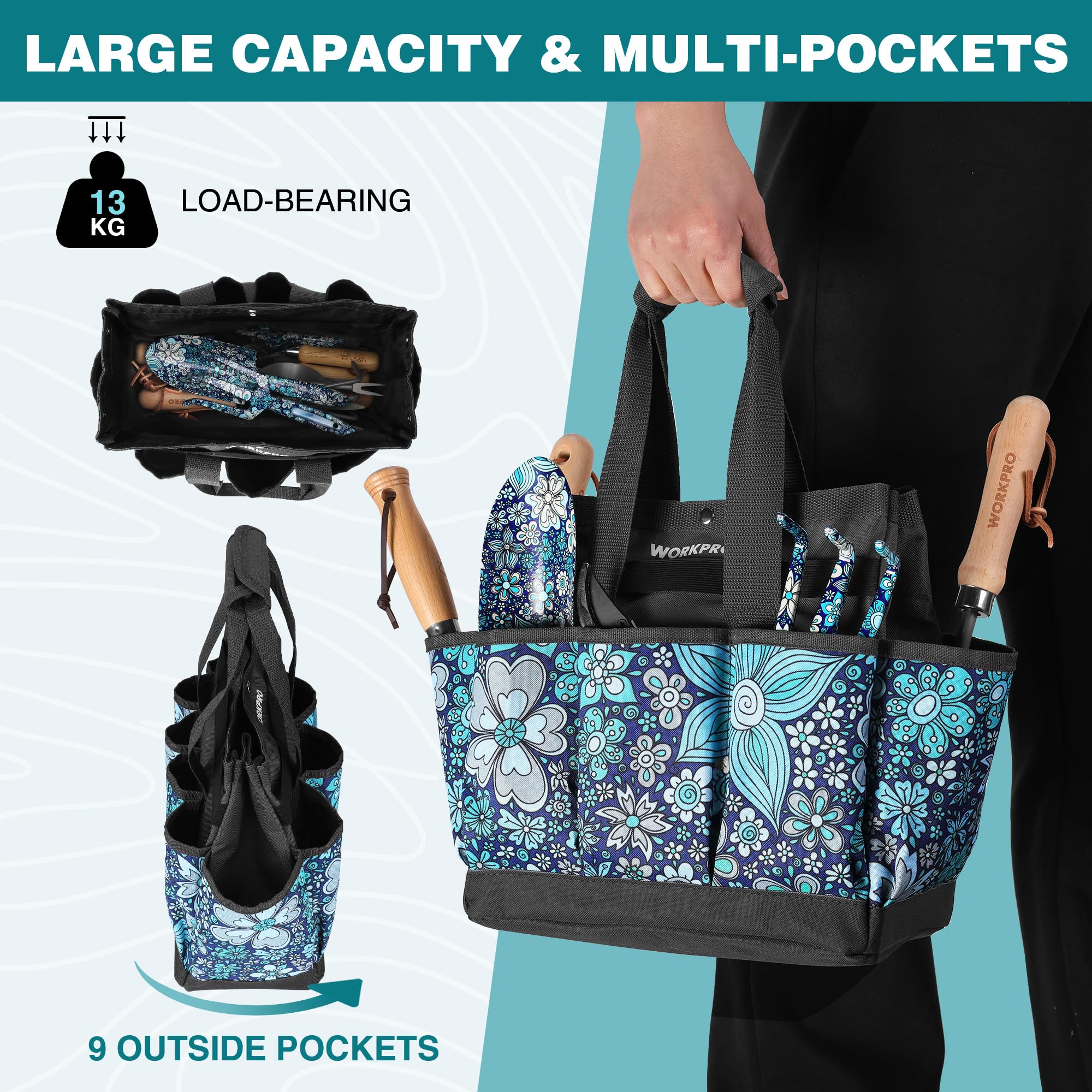 WORKPRO Garden Tool Bag, 9 Pockets Garden Tote Bag, Heavy Duty Oxford Garden Tool Storage Bag, Gardening Tool Kit Holder (Tools NOT Included), 12" x 12" x 6" (Floral Blue)