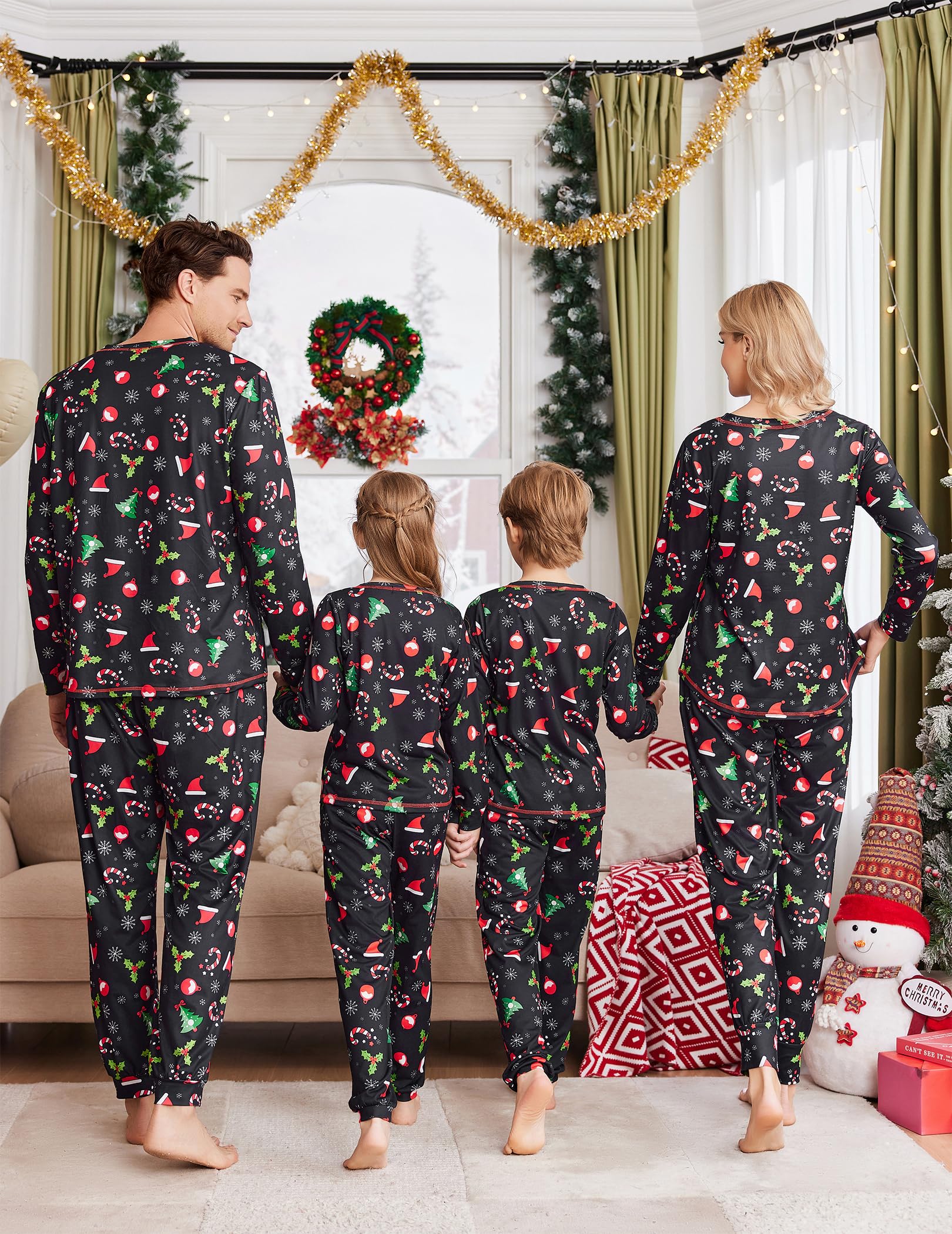 Ekouaer Christmas Pajamas for Family Matching Long Sleeve Holiday Pjs Loungewear 2 Piece Lounge Sets Christmas Hat on Black Women L