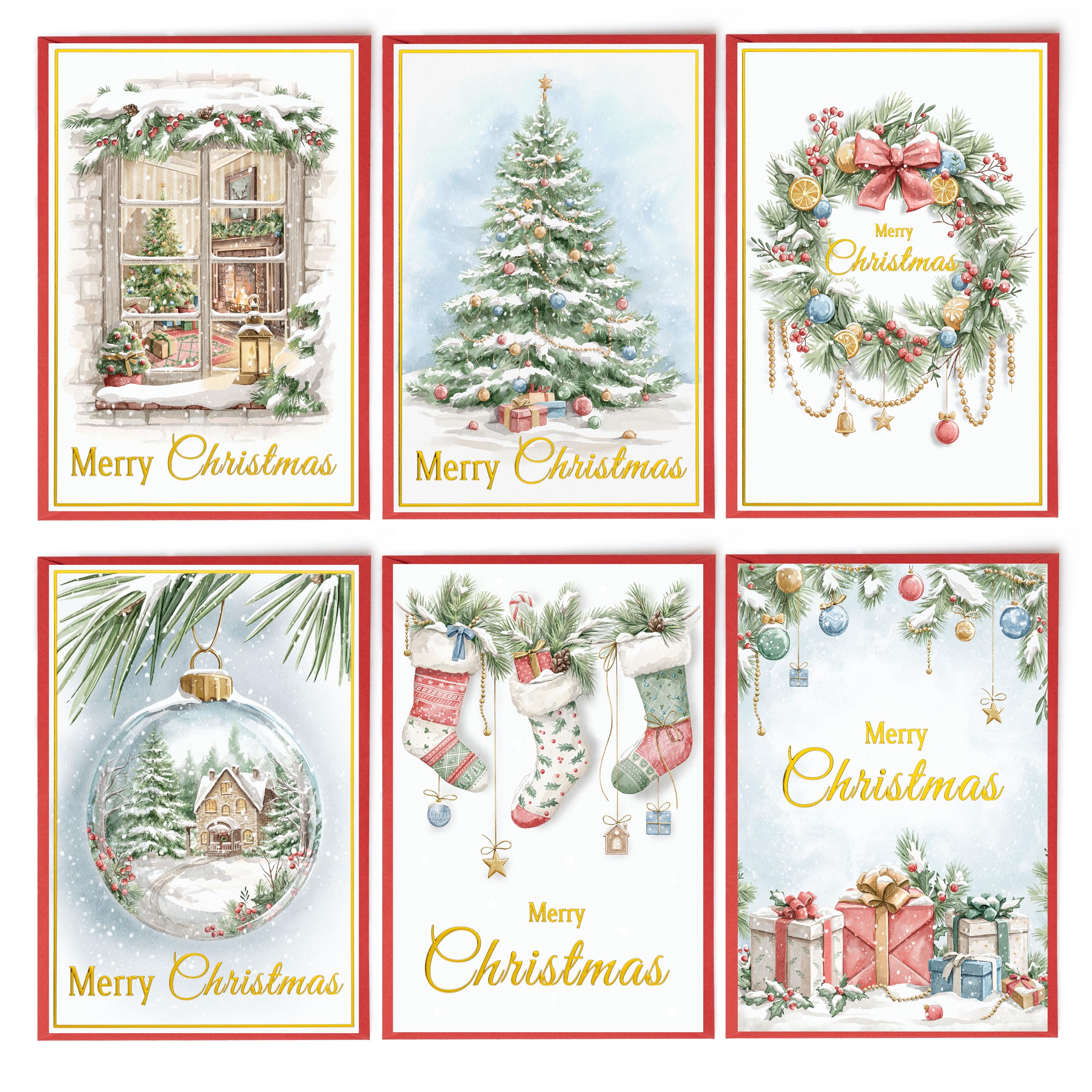 Solpla 24 Christmas Cards Assortment, Festive Gold Foil Glitter Watercolor Bulk Xmas Cards with Envelopes & Messages - 6 Patterns, 4 3/4" x 7" for Friends, Family, Kids, Boys & Girls