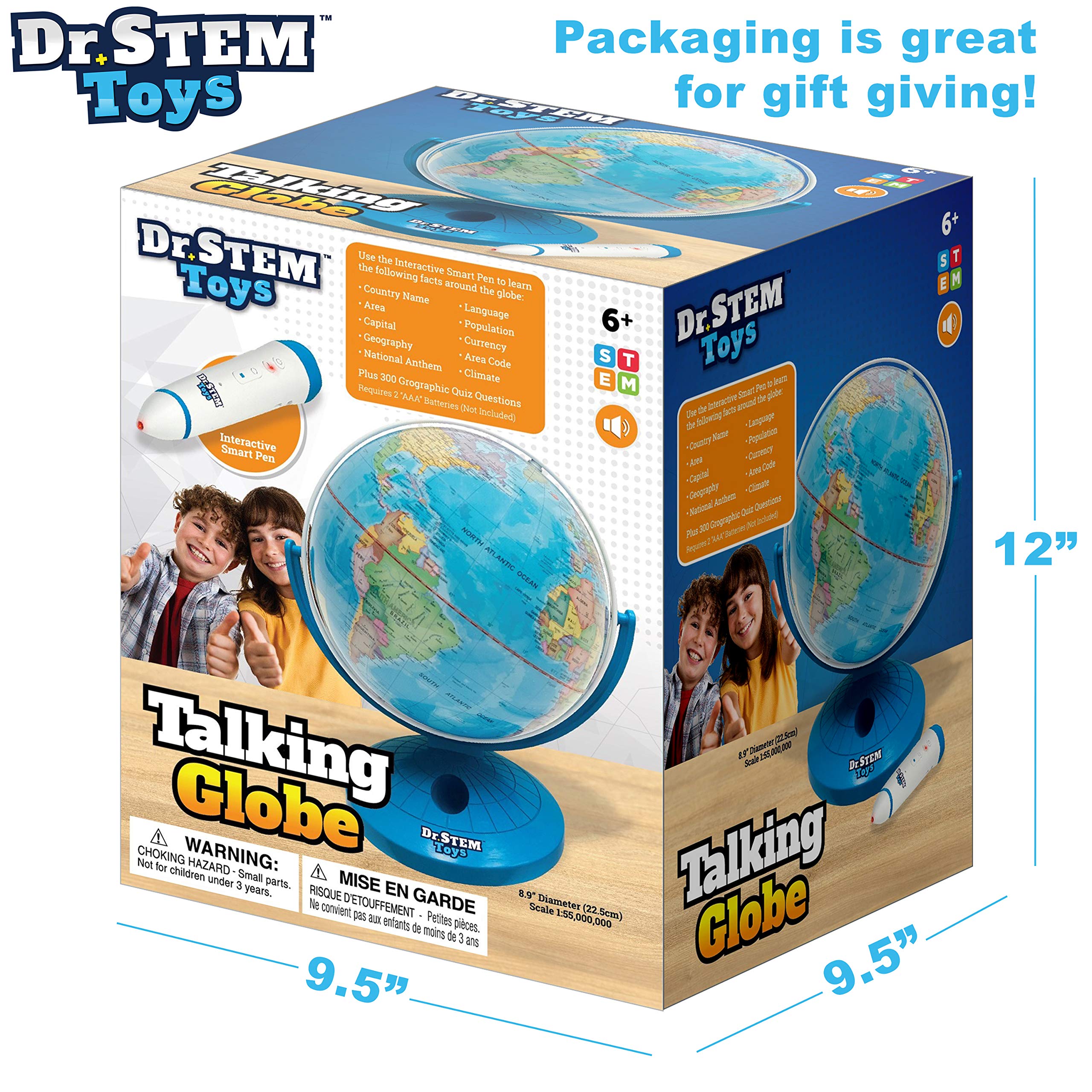 Dr. STEM Toys Talking World Globe with Interactive Stylus Pen and Stand, Colorful Map for Early Learning and Teaching - Includes Trivia, Q&A, and Music - 9 Inches in Height, Ages 6+