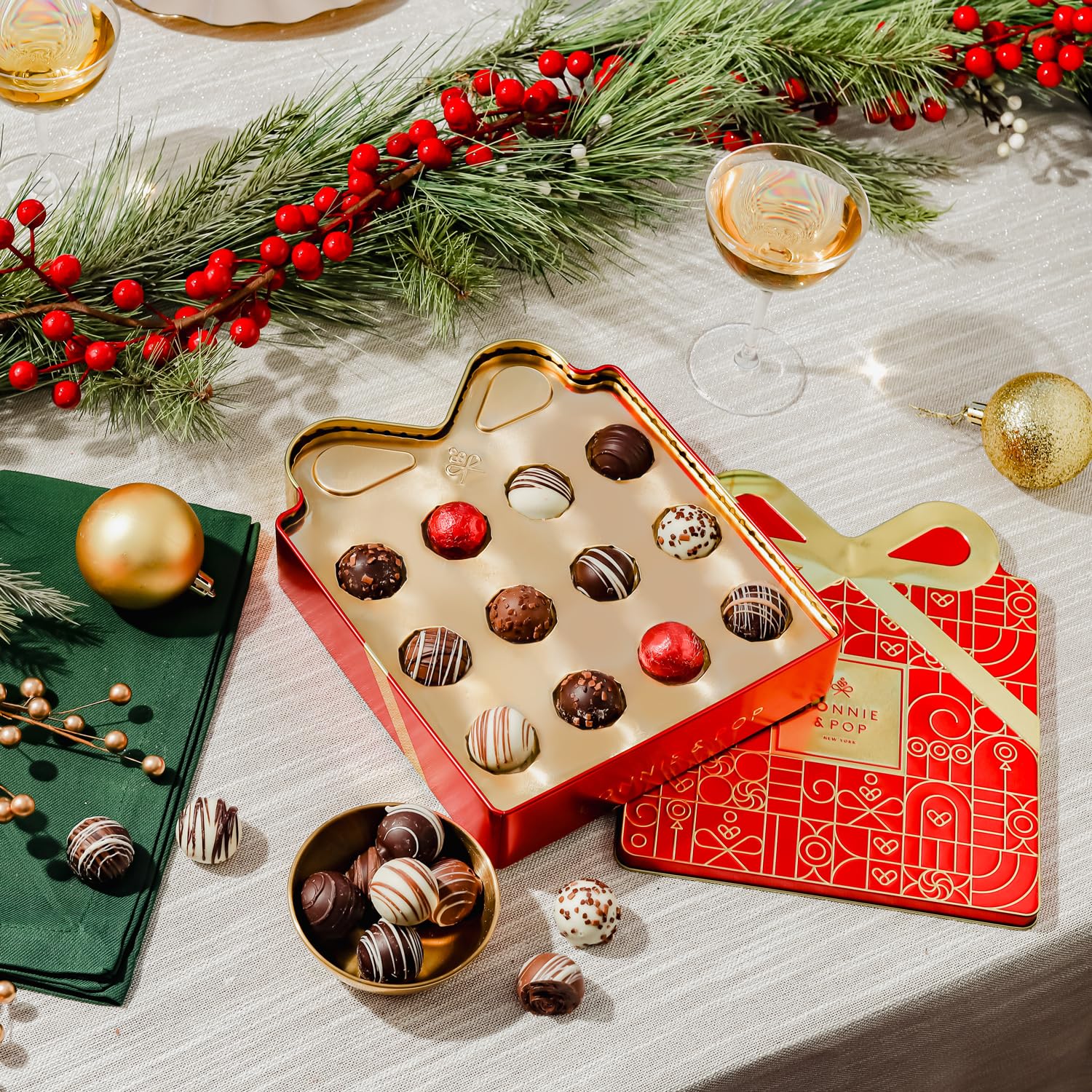 Christmas Chocolate Gift Basket, Candy Food Bow Tin Box, Holiday Present Idea, Stocking Stuffer- 12 Gourmet Truffles- Red- Bonnie & Pop