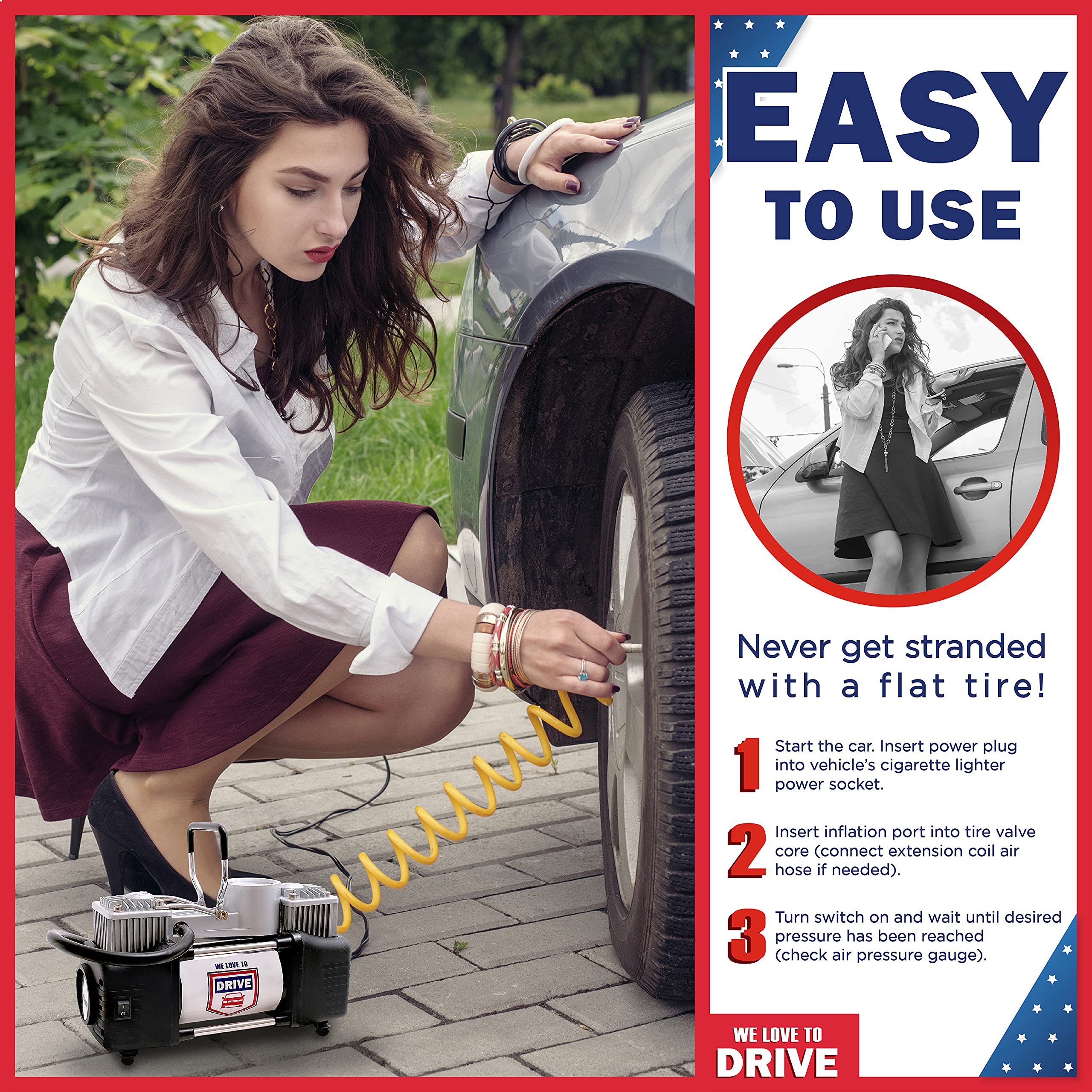 Tire Inflator Portable Air Compressor with Tire Repair Kit – 12V DC Dual Cylinder Air Pump for Car Tires, 150 PSI Tire Pump with Tire Pressure Gauge, Car Emergency Kit, and Cars Accessories Air Pump
