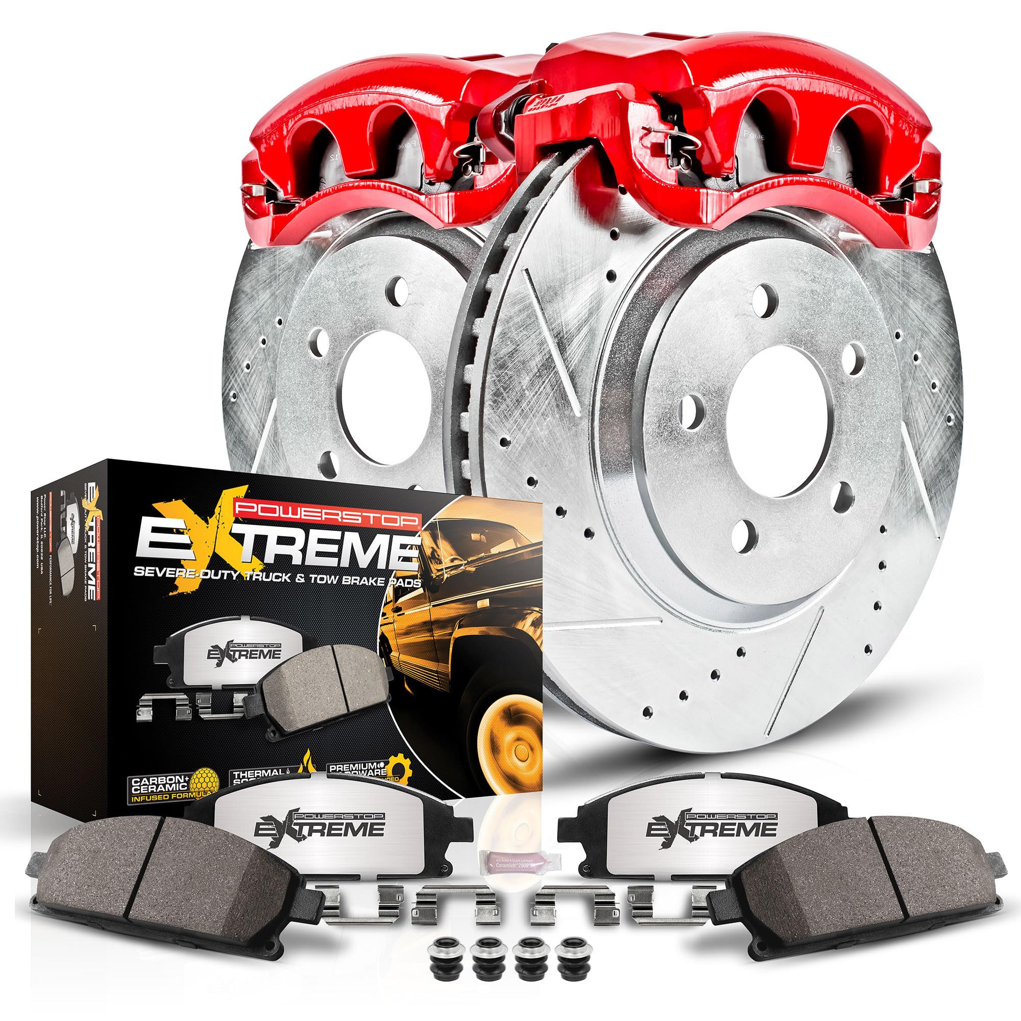 Power Stop Brake Kit For 2007-2014 Jeep Wrangler Front Z36 Truck & Tow, Carbon Fiber Ceramic Brake Pads and Drilled and Slotted Brake Rotors with Calipers Replacement, KC3097-36
