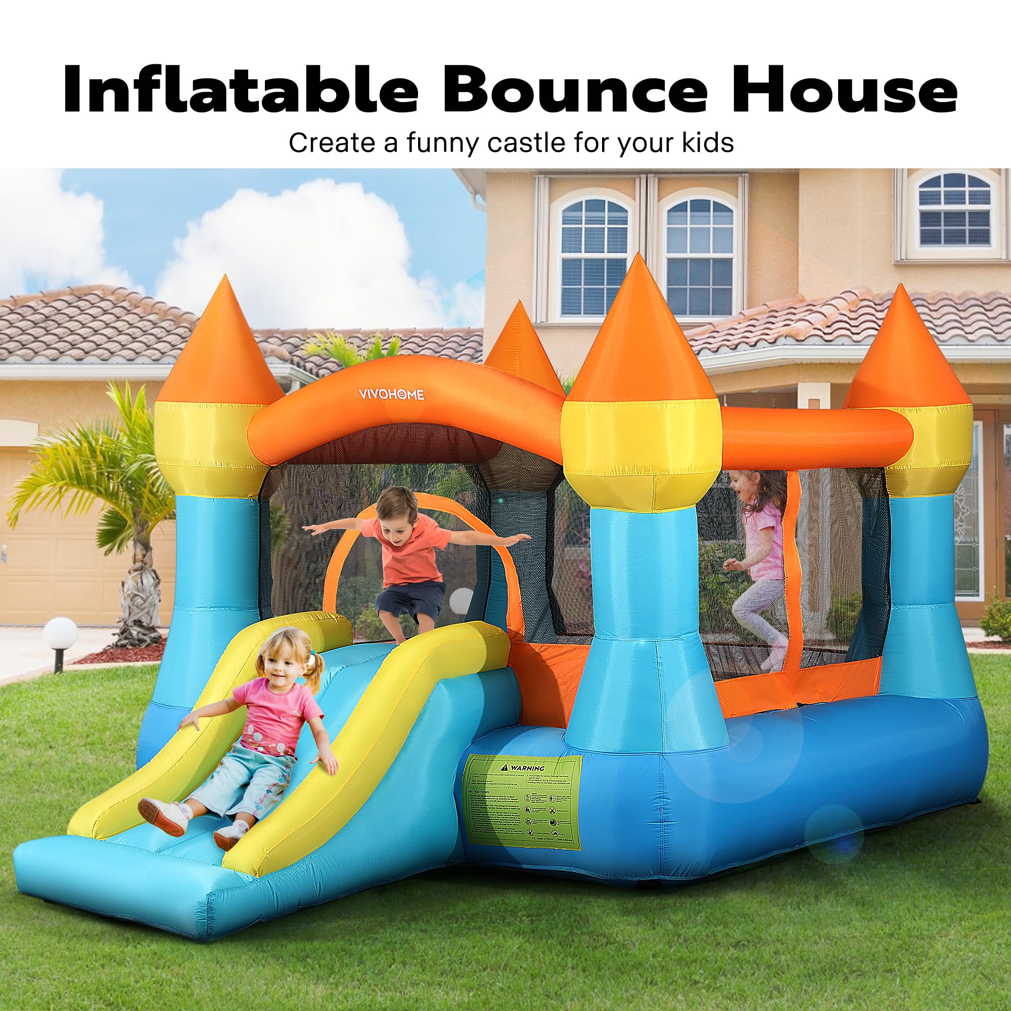 VIVOHOME Inflatable Bounce House for Kids, Big Inflated Jumping Bouncy Castle with Slide for Outdoor and Indoor, 370W Air Blower Included