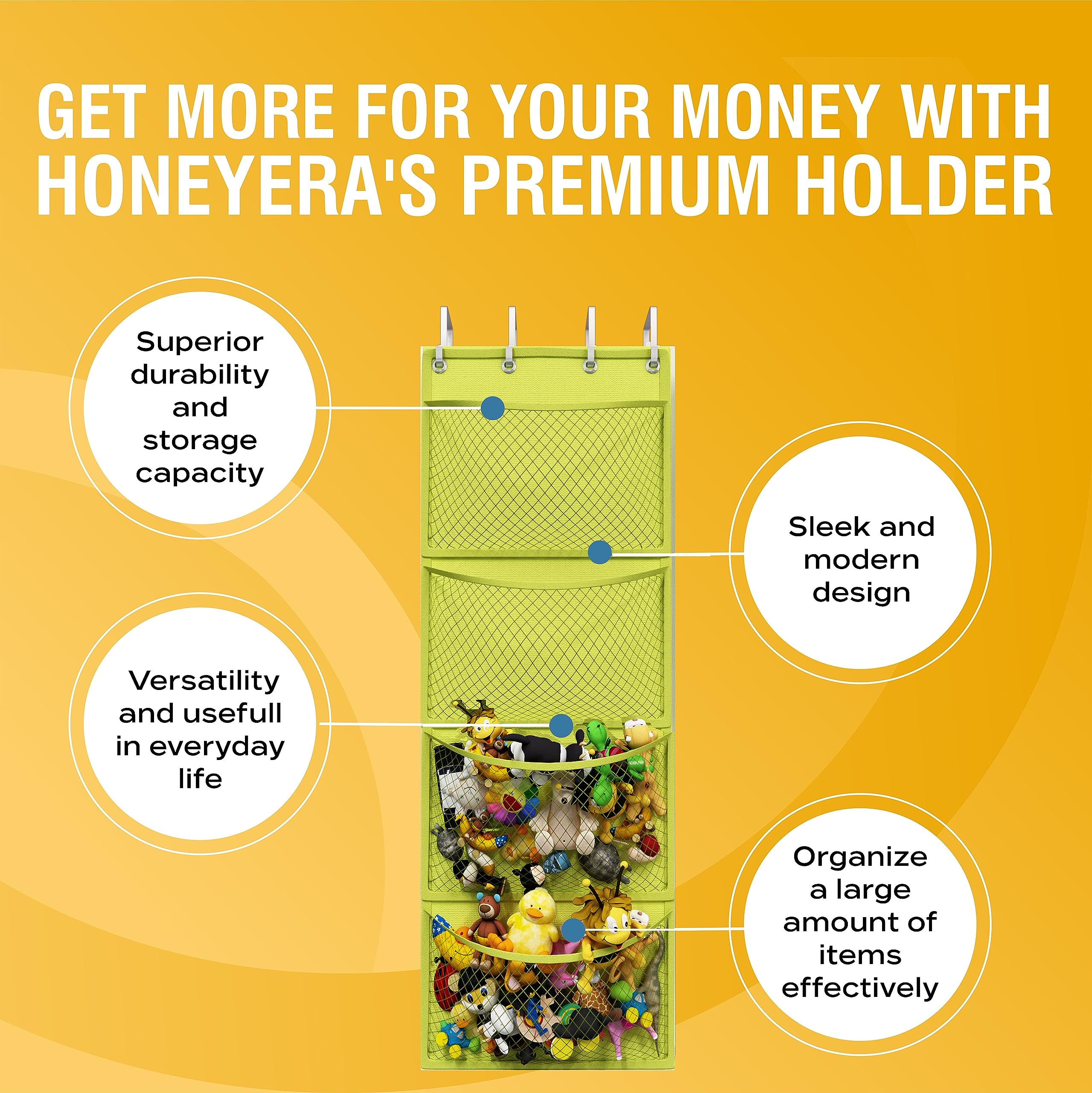 Honeyera Complete Plush & Toy Storage Bundle Yellow Stuffed Animal Organizer & Squishmallow Holder – Quick Install, Perfect for Small Spaces