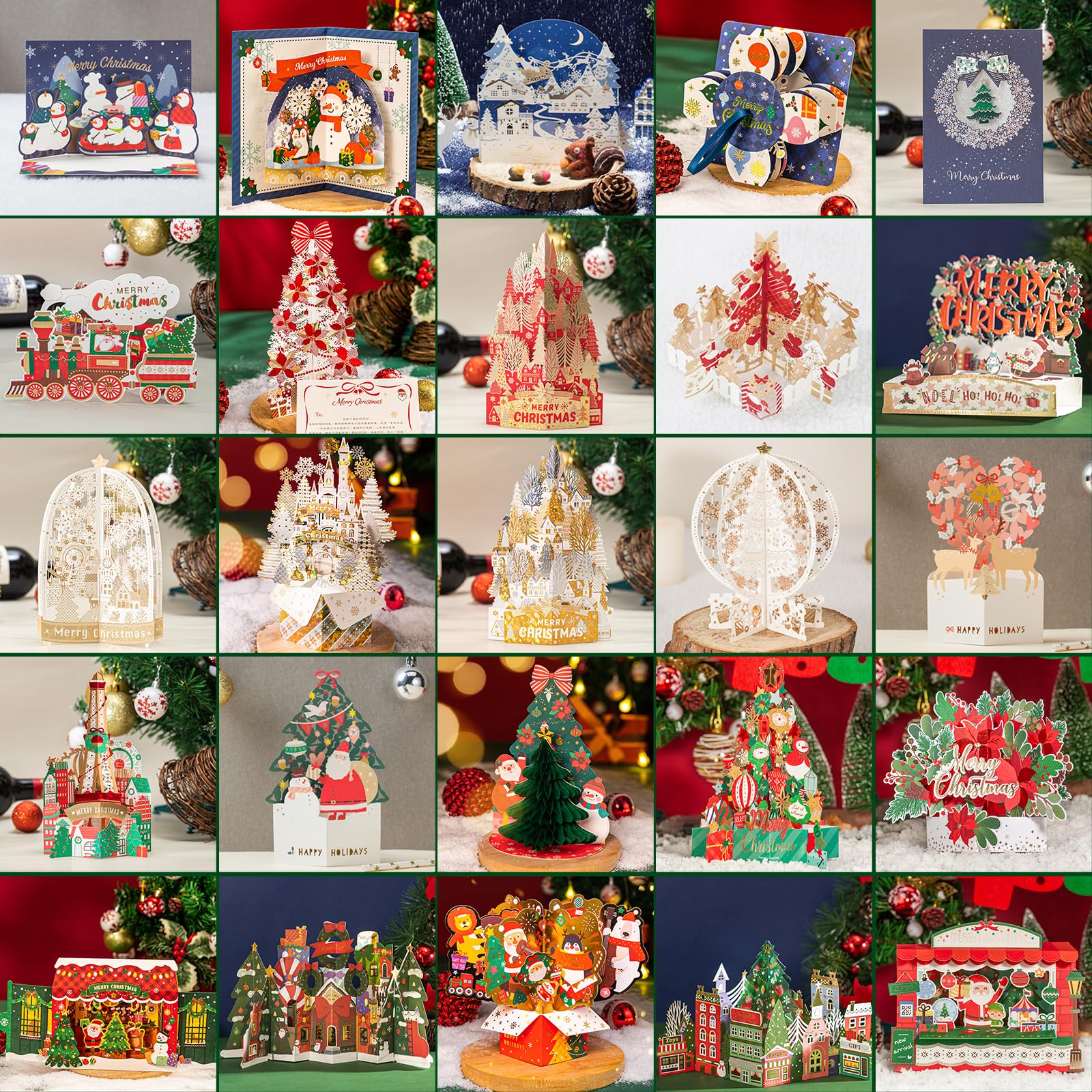 WISHGIFT 25Pcs 3D Christmas Cards, Merry Christmas Cards Handmade, Greeting Cards & Envelopes for Christmas, Xmas