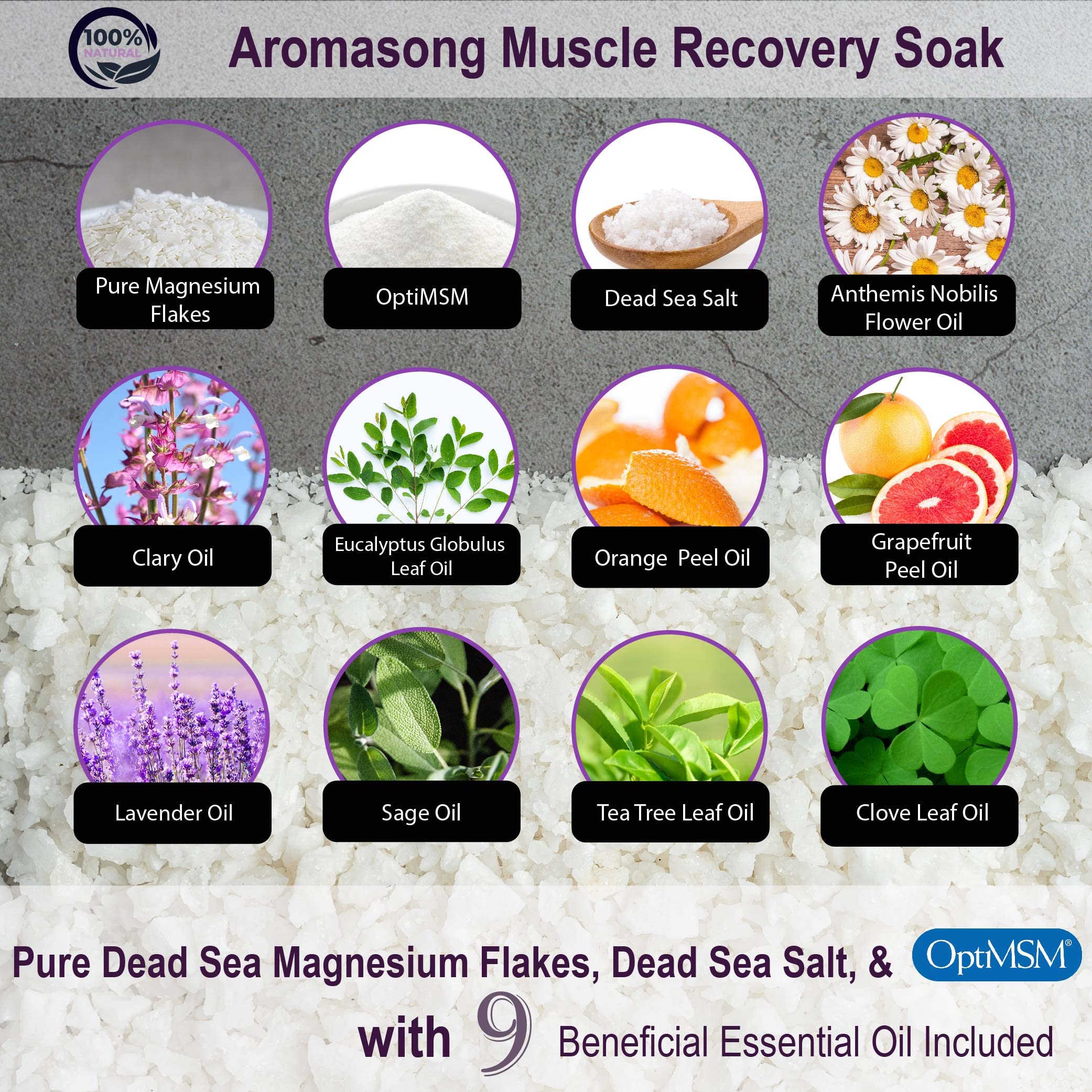 Aromasong Muscle Recovery Bath Soak for Muscle | Sore Muscle Soak with Dead Sea Salt, OptiMSM, Magnesium Flakes & Essential Oils | 3 Lb. - Made in USA.