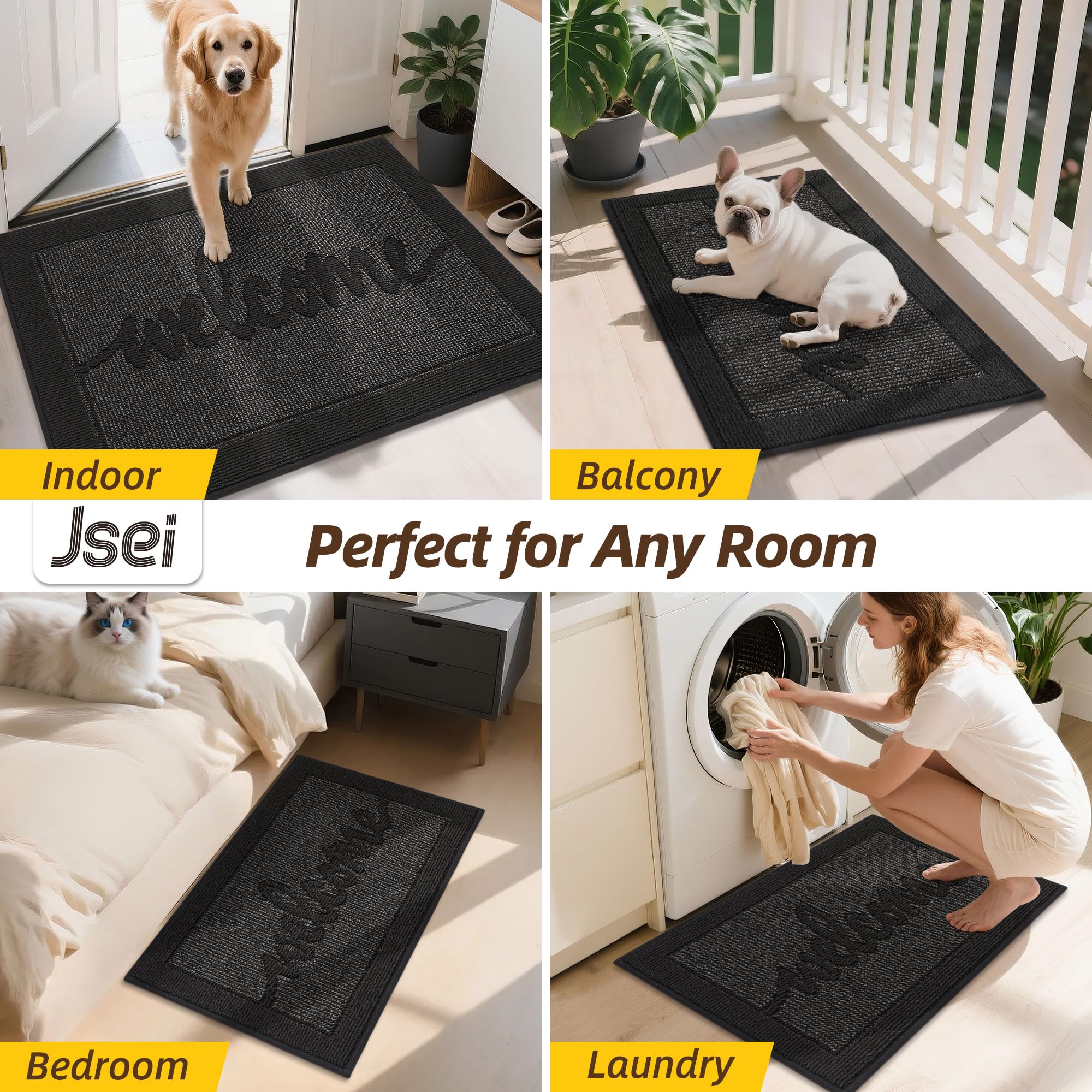 JSEI Door Mat 20"x 32",Absorbent Muddy Dirt Welcome Mat,Non-Slip Entryway Rugs Washable Indoor Entrance Mats,Low Profile Floor Mat for Entryway and Front Back Door,Black