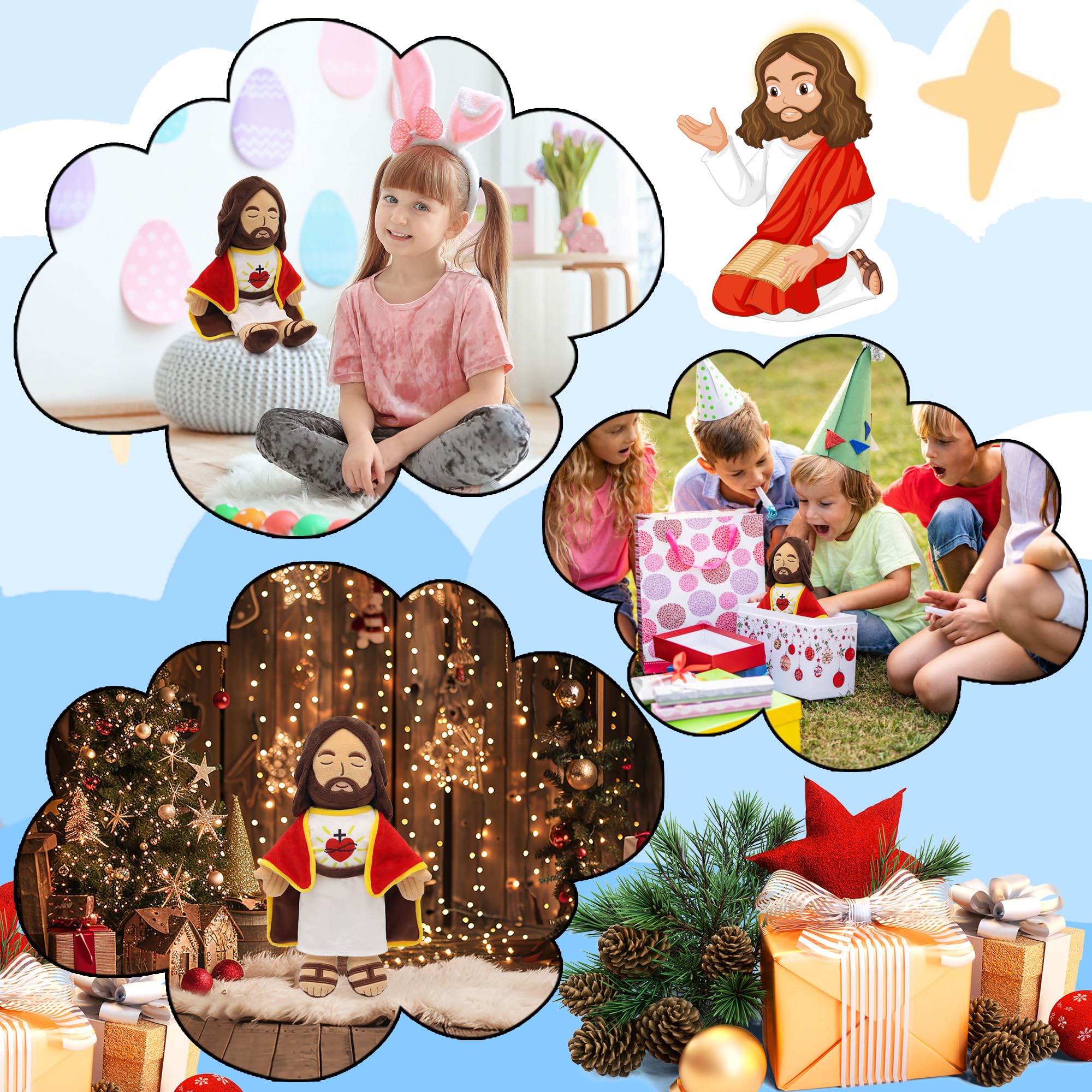 Yelakey 13.4" Jesus Plush Doll for Kids Jesus Plushie with Red Gold-Trimmed Shawl Christian Religious Gift Decoration for Christening Easter (Brown)