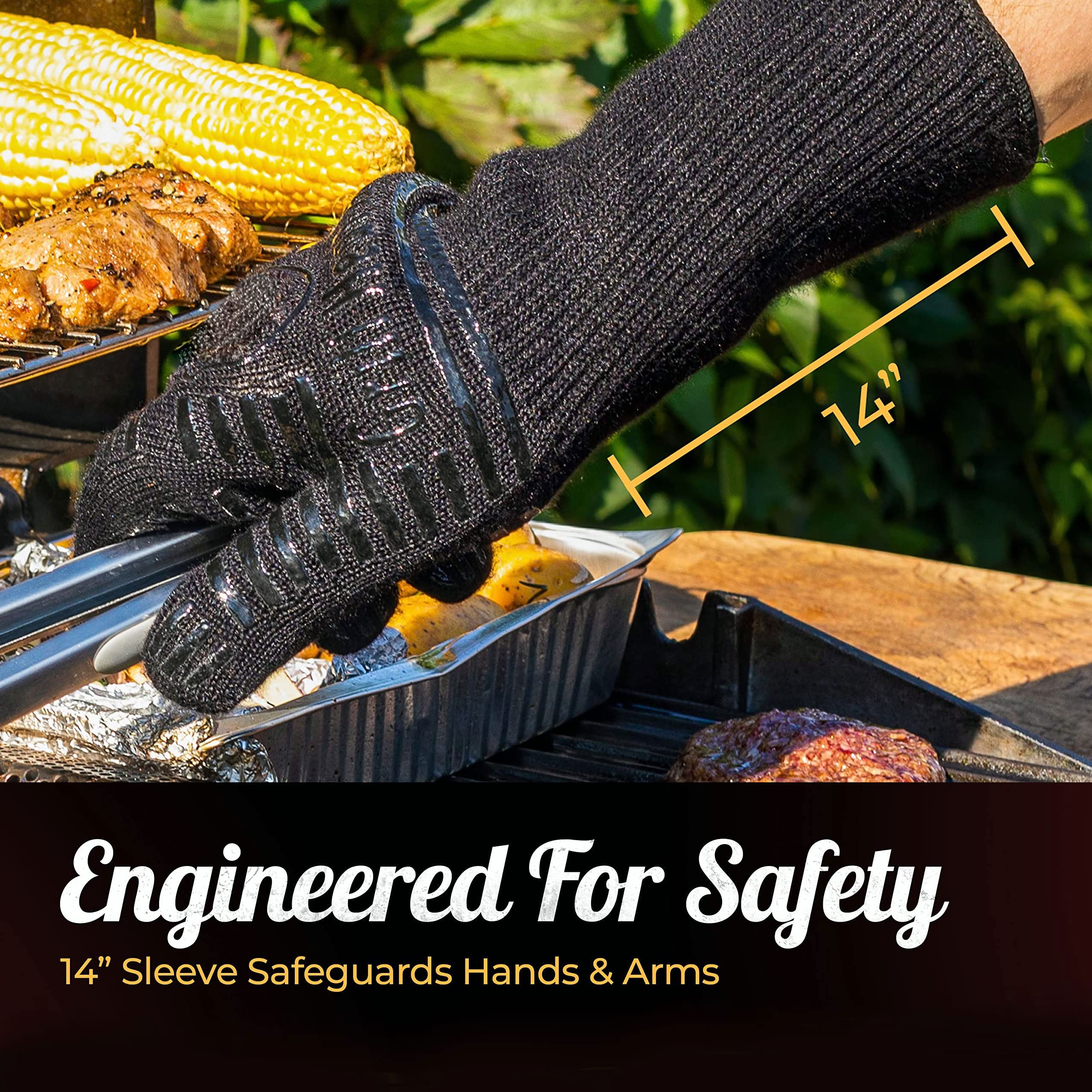 Heat Resistant Silicone BBQ Gloves - Fire Protection up to 1472°F - Insulated Glove Set for Hot Barbecue, Grill, Smoker, Baking, Cooking, and Cutting - Indoor or Outdoor Mitts Fit Men and Women