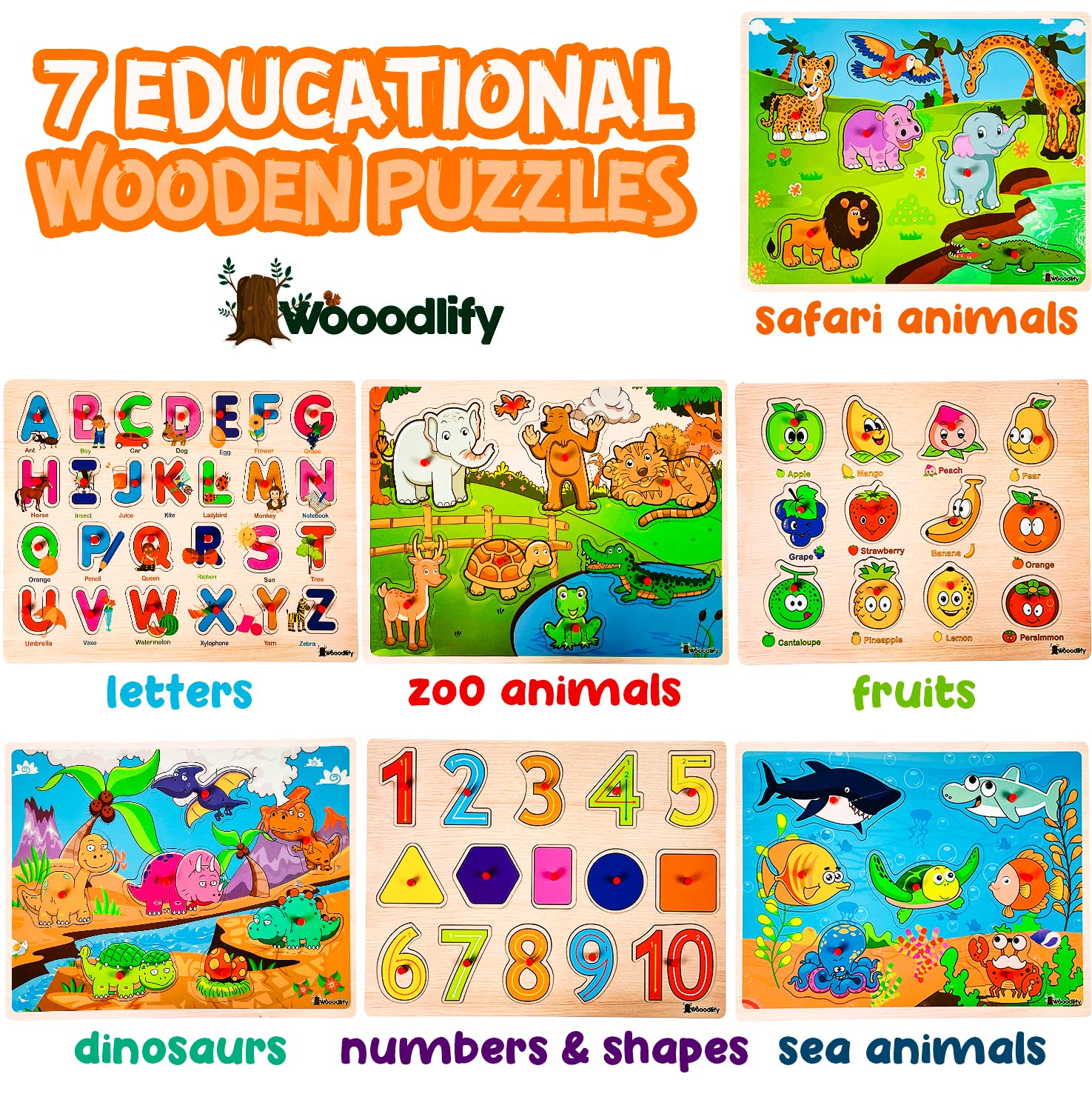 7 Pack Wooden Puzzles for Toddlers 2 3 4 5 Years Old - 7 Colorful Chunky Wood Peg Puzzles for Kids Ages 2-5, Alphabet Shape Numbers Fruits Sea Animals Dinosaur Zoo - Educational Toddler Learning Toys