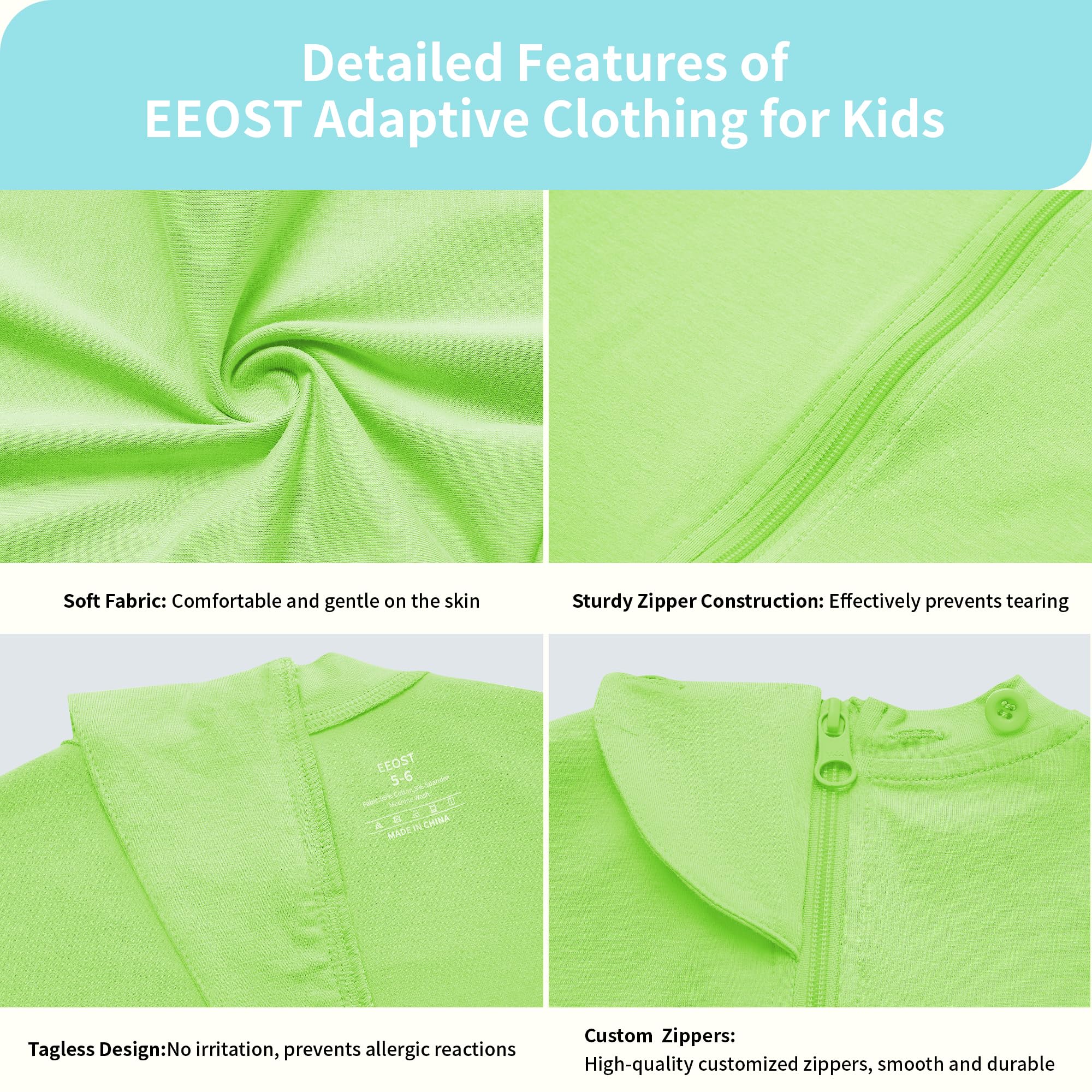 EEOST Adaptive Clothing for Kids Special Needs Autism Sensory Jumpsuit Anti-Strip Romper with Back Zipper Sizes 3-16 Years (Lime Green, 7-8 Years Old)