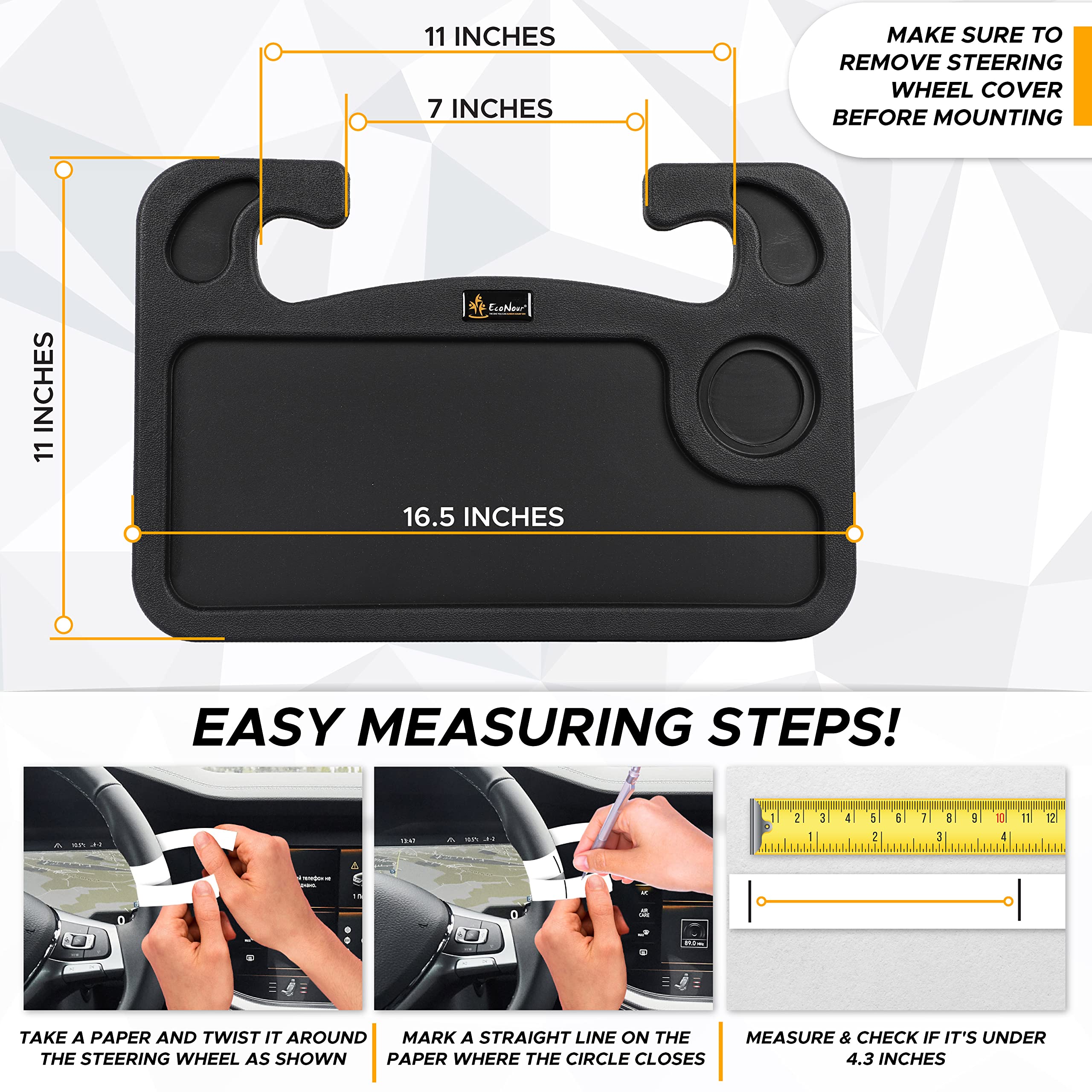 EcoNour 2 in 1 Upgraded Steering Wheel Desk | Car Food Tray for Eating with Drinks Holder | Steering Wheel Tray for Laptop | Car Model Accessories for Tesla, Ford, Prius, Toyota