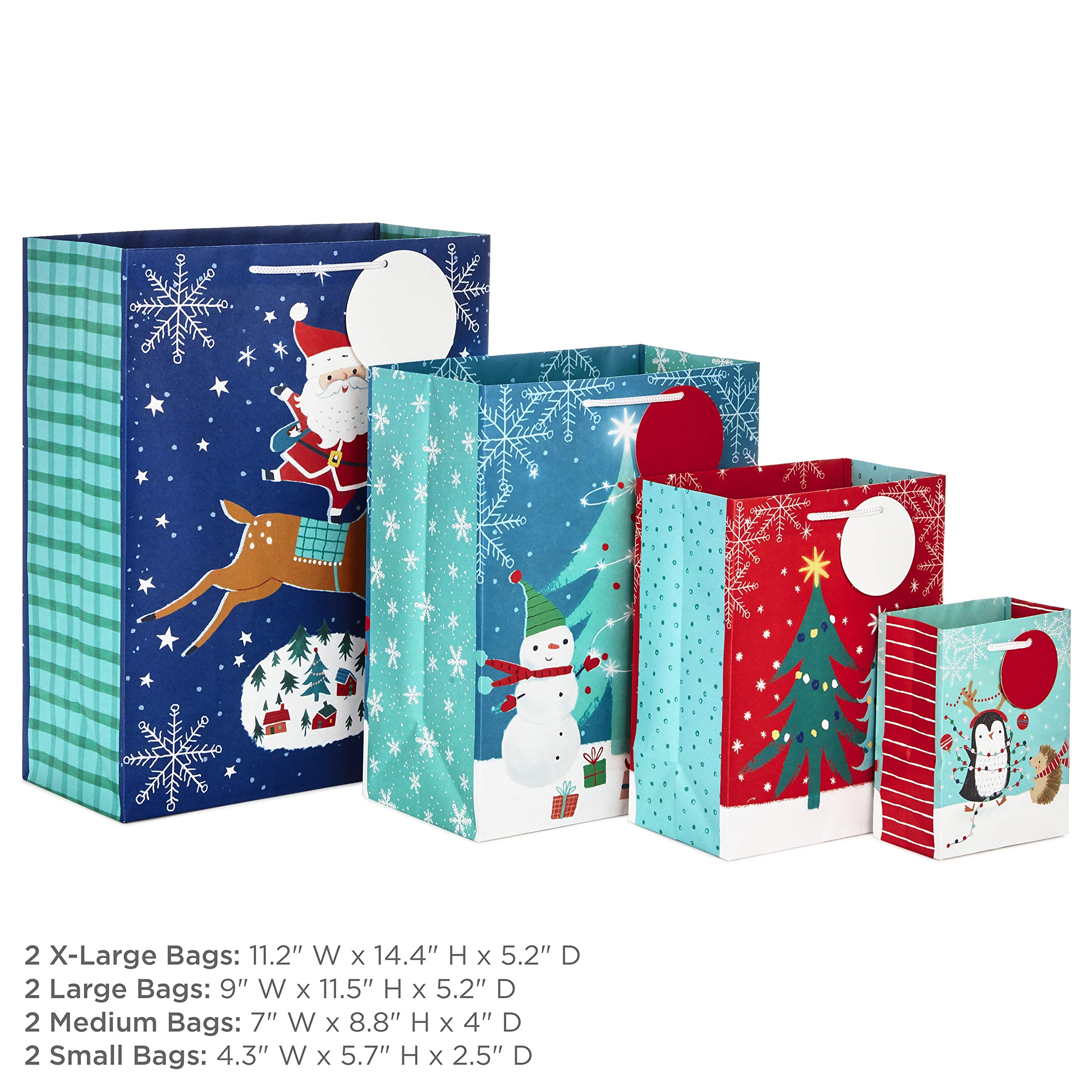 Hallmark Christmas Gift Bags Assorted Sizes (8 Bags: 2 Small 5", 2 Medium 8", 2 Large 11", 2 Extra Large 14") Penguins, Hedgehogs, Santa Claus, Snowmen, Trees