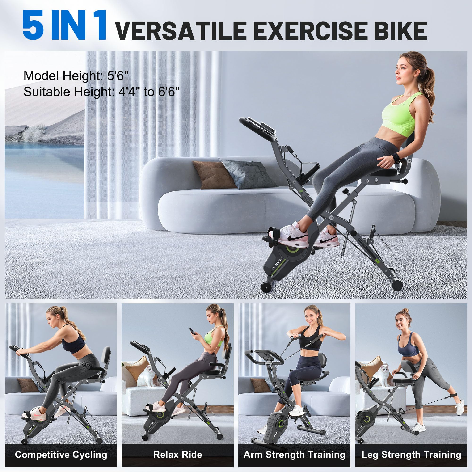 GOIMU Exercise Bike, 5 in 1 Foldable Stationary Bike for Seniors, 16-Level Adjustable Magentic Resistance, Indoor Recumbent Bike with 330LB Capacity, Comfortable Seat Backrest Adjustments