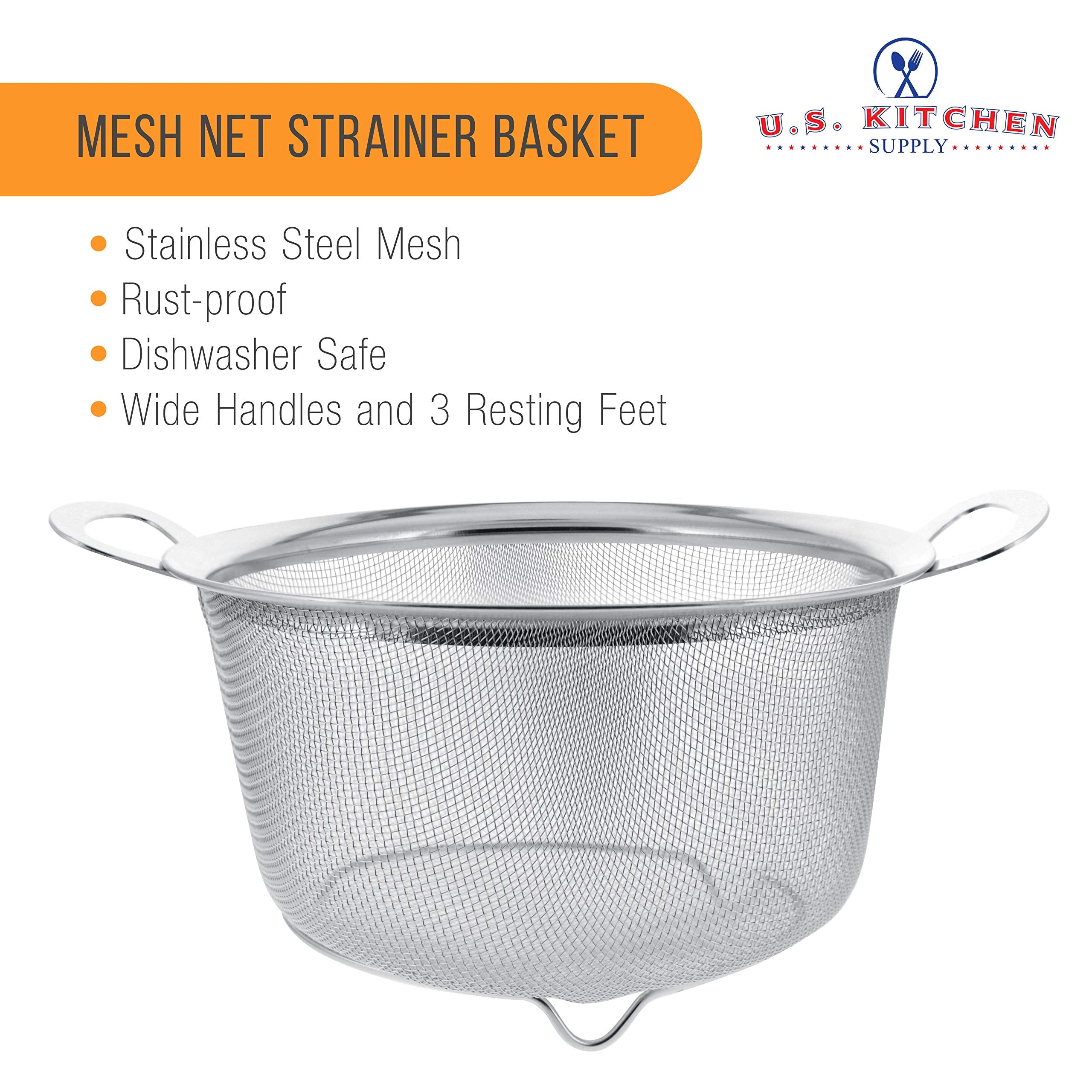 U.S. Kitchen Supply 3 Quart Stainless Steel Mesh Net Strainer Basket with a Wide Rim, Resting Feet and Handles - Colander to Strain, Rinse, Fry, Steam or Cook Vegetables & Pasta