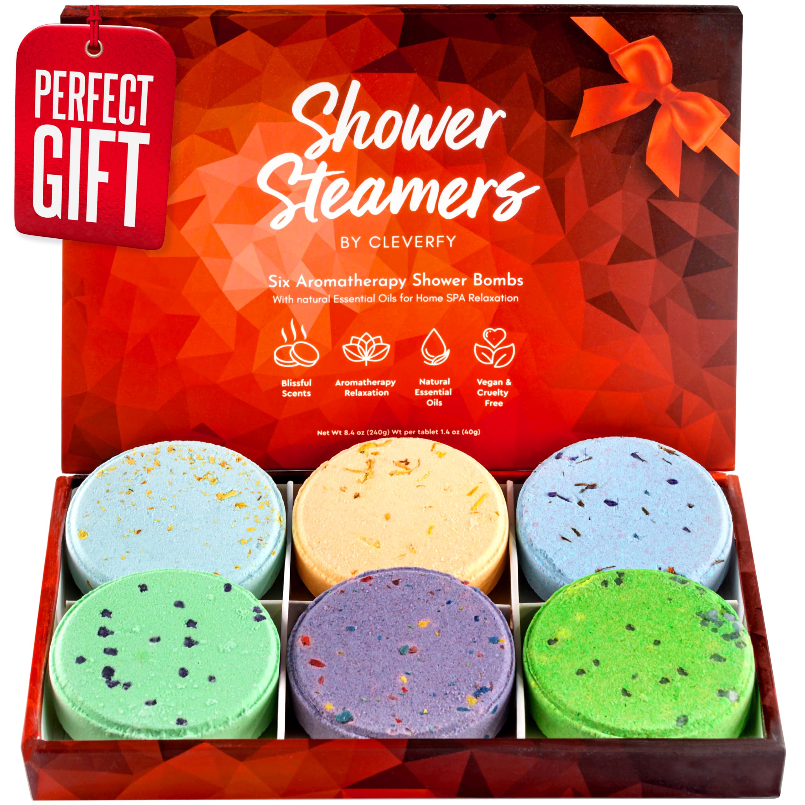 Cleverfy Shower Steamers Aromatherapy - Christmas Box of 6 Premium Shower Bombs with Essential Oils.Self Care Christmas Gifts for Women and Gifts for Mom. Red Set