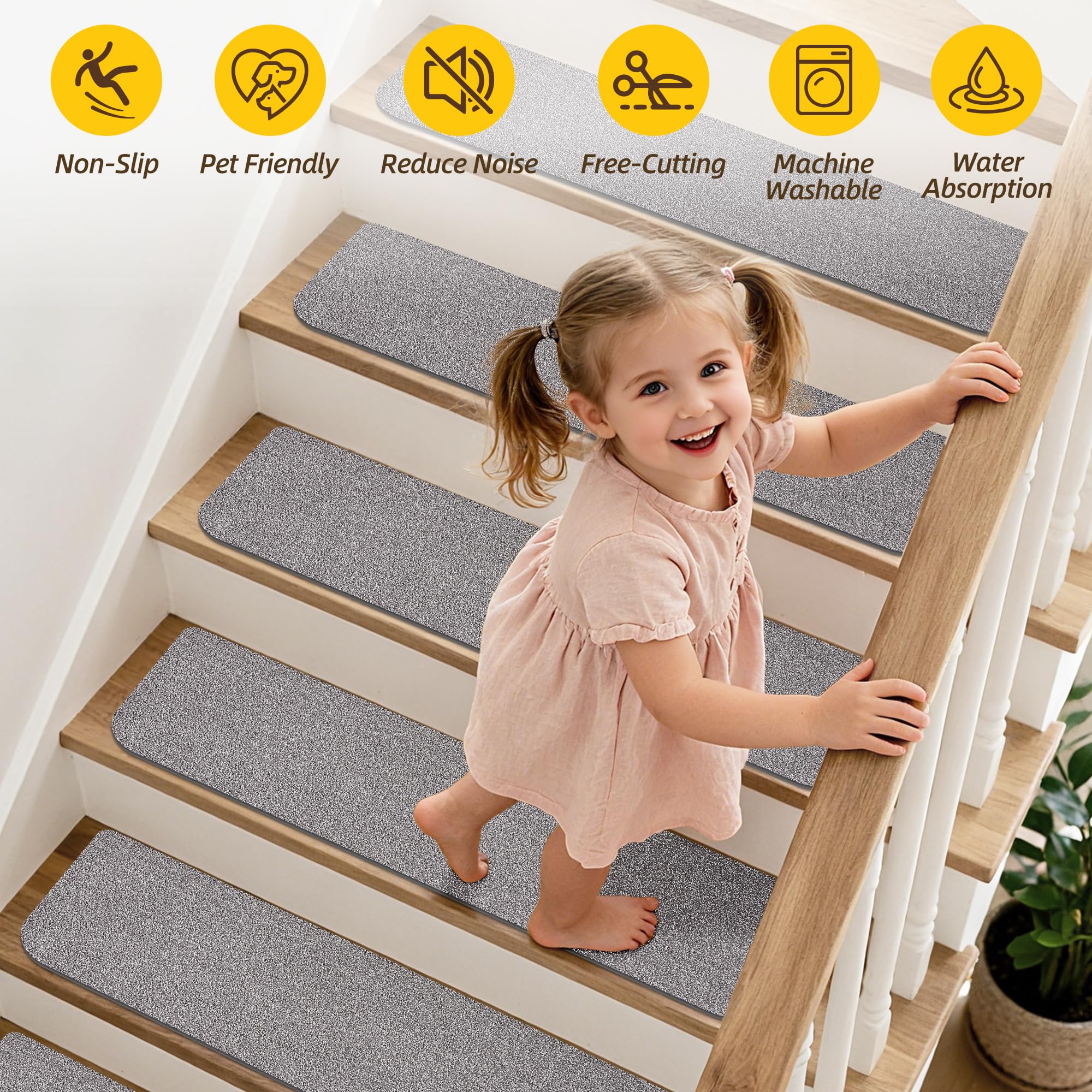 Non-Slip Stair Treads for Wooden Steps Indoor, 15 Pack 9" X 28" Stair Carpet Mats with TPE Backing for Kids Elders and Dogs, 0.3" Thick 100% Polyester Soft Stair Runner Rug, Light Grey