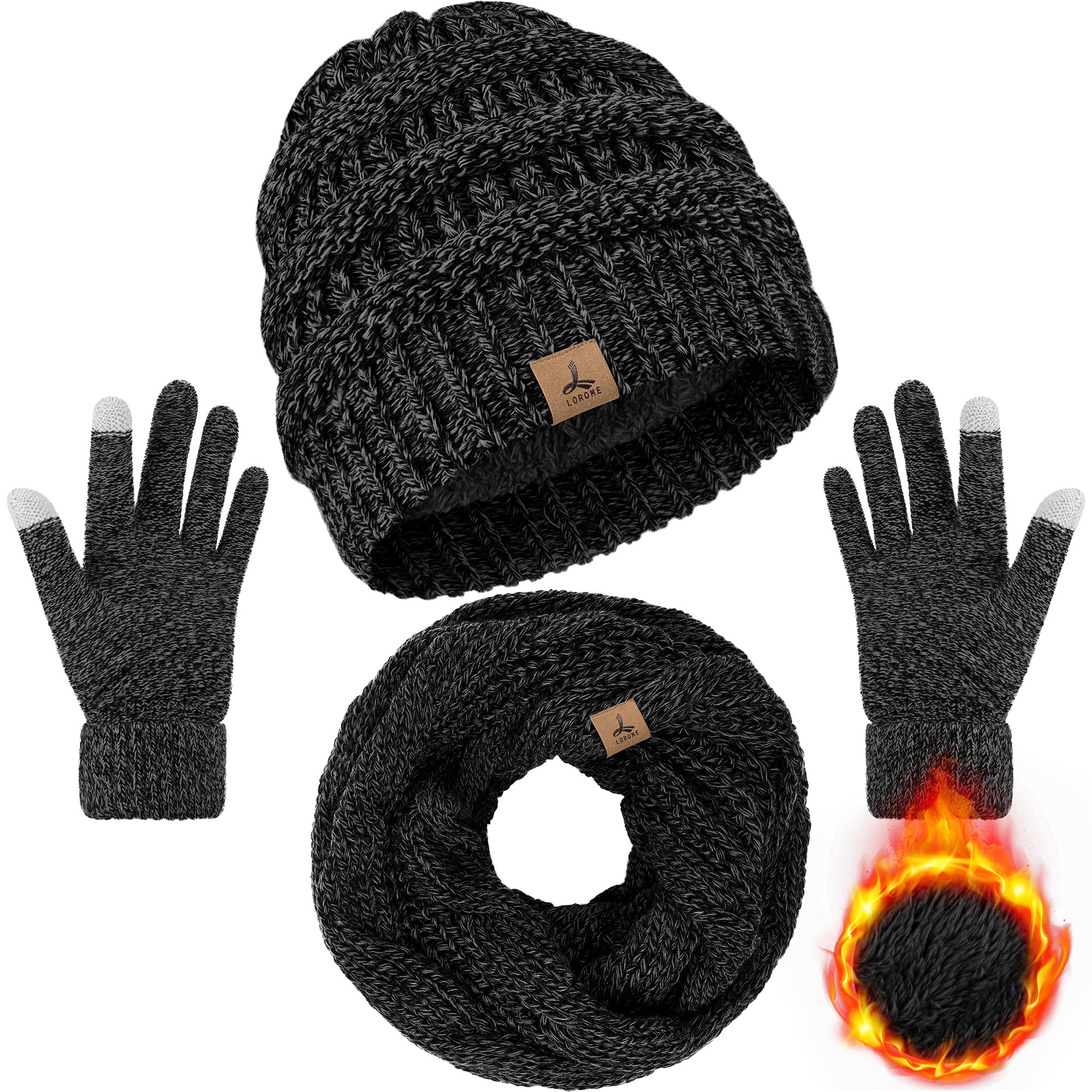 Winter Beanie Hat Scarf Gloves, Warm Fleece Knit Winter Hats Touch Screen Gloves Neck Scarf Set Winter Gifts for Unisex Adult