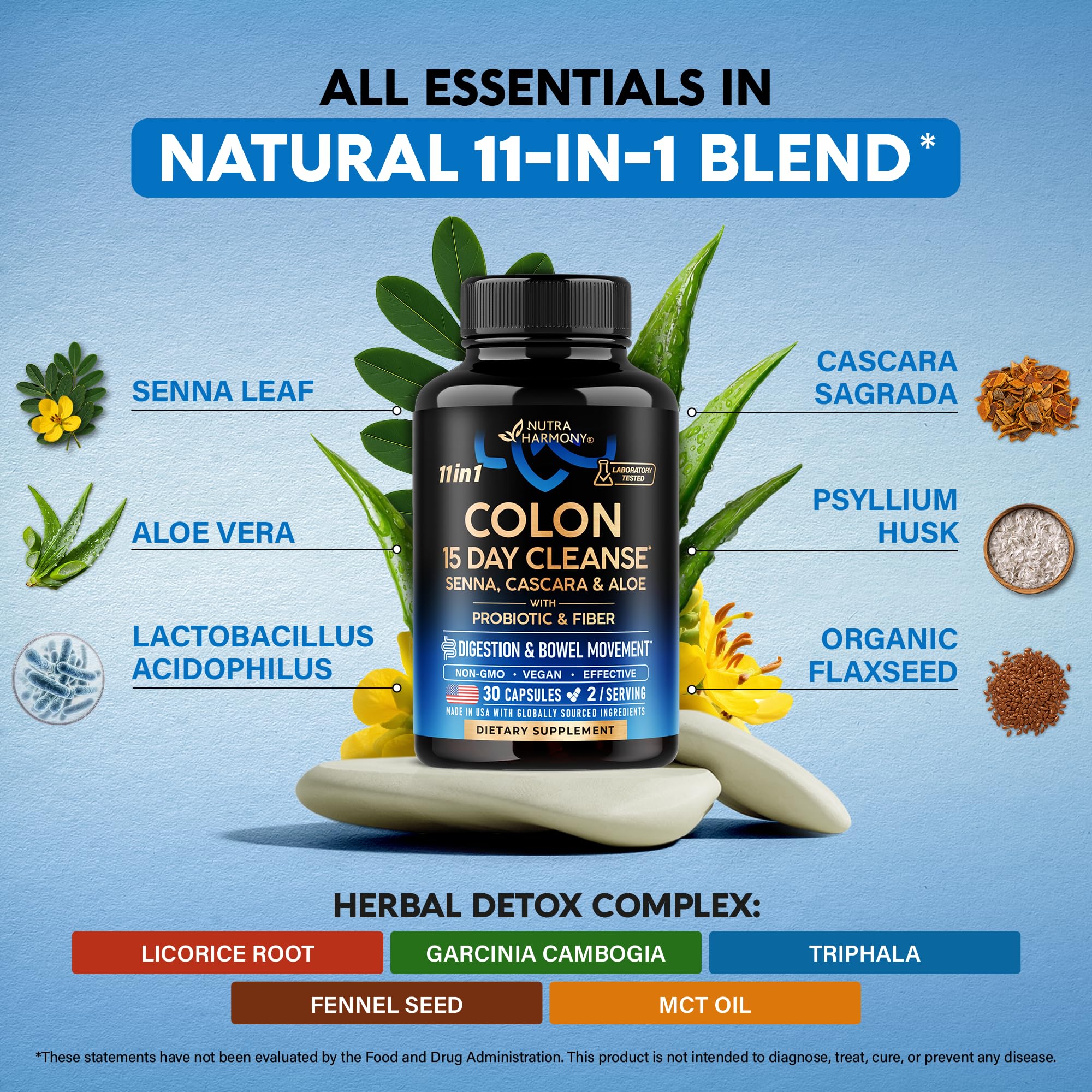 Colon Cleanse - 15 Day Cleanse for Women & Men - Senna | Cascara | Garcinia Cambogia | Probiotics & Fiber - Digestion & Detox - Debloating & Bowel Movement - Natural & Vegan - Made in USA, 30 Capsules