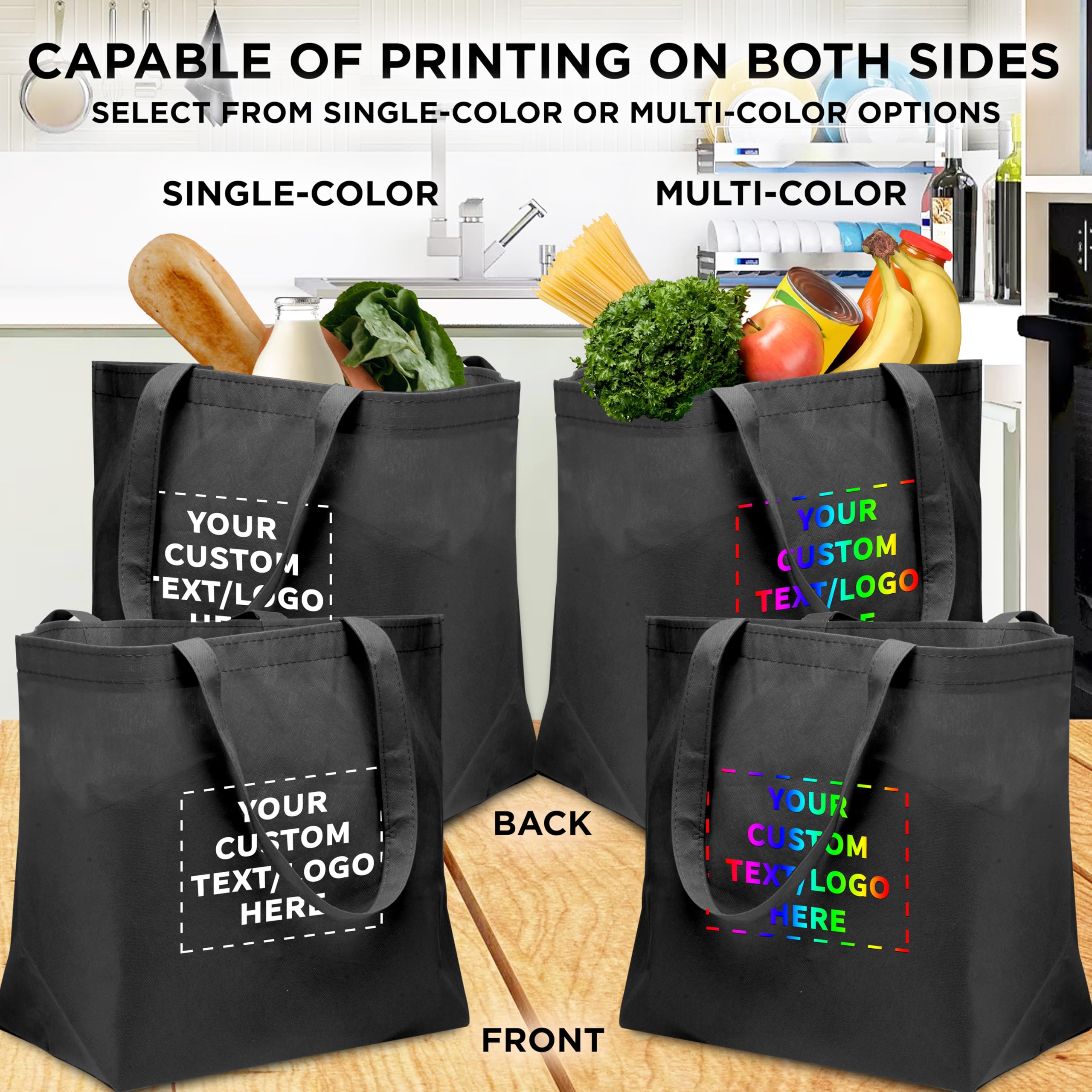 DISCOUNT PROMOS Custom Southern Style Grocery Tote Bags Set of 100 - Personalized Bulk Pack, Reusable Grocery & Shopping Bags - Great for Travel, Carry on Bag, Business Promotions - Black - 20"X13"X8"