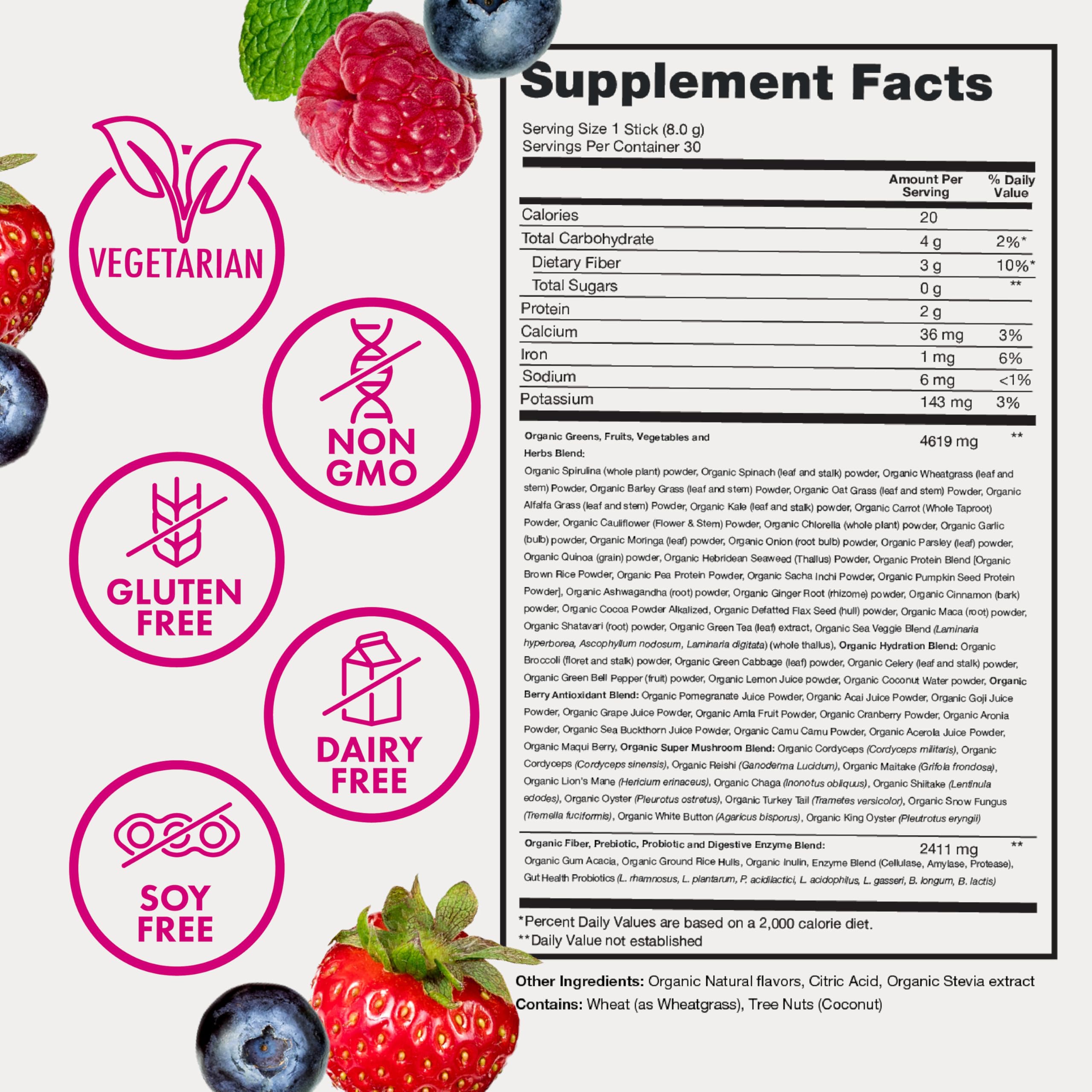 Zena Nutrition Organic Supergreens Greens Powder, 70+ Superfoods, Mixed Berry, 30 Drink Mix Packets + Pure Colostrum Capsules, 1500mg Supplement, 1 Month Supply, 90 Capsules