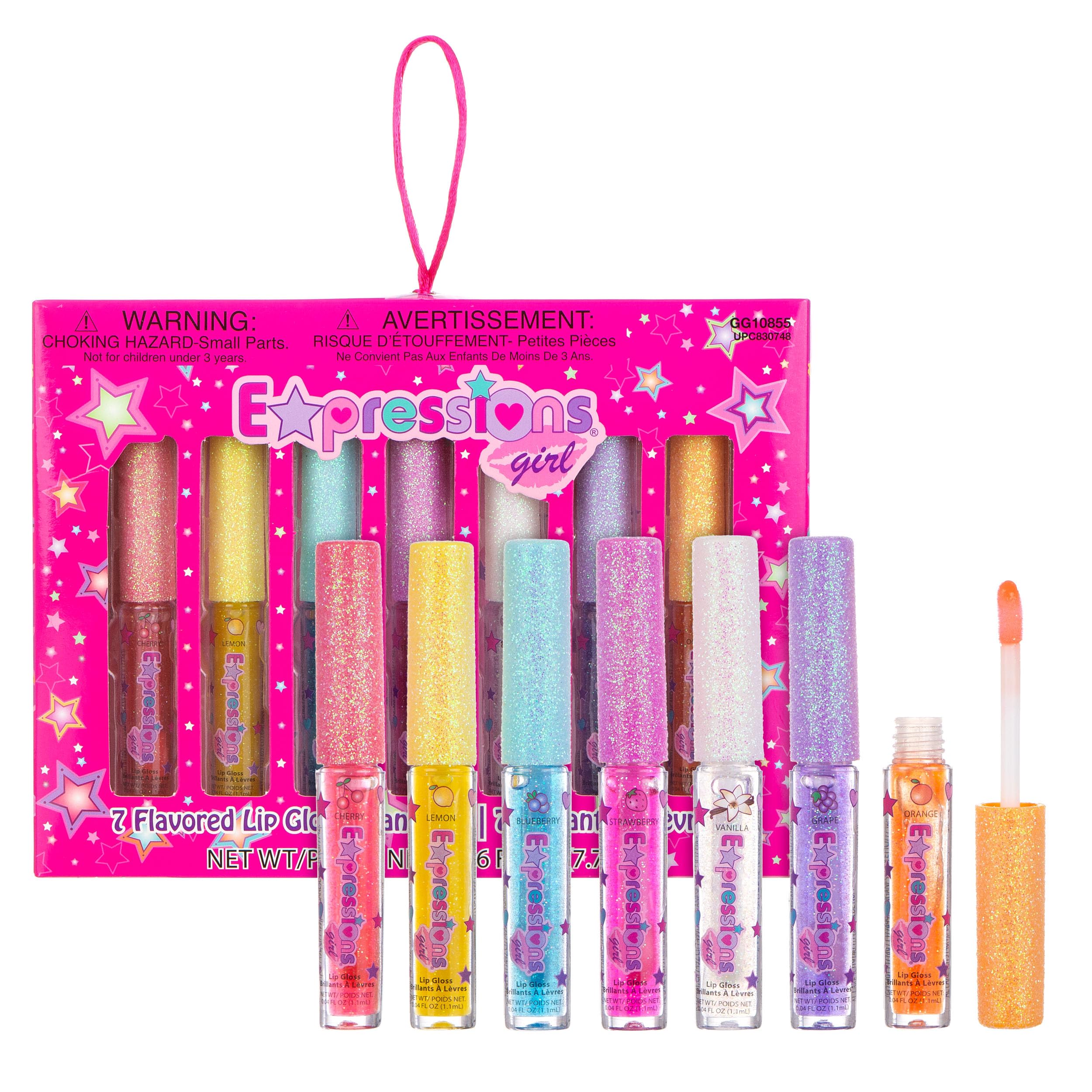 Expressions 7pc Fruity Flavored Lip Gloss Set - Lip Gloss in Assorted Fruity Flavors, Non Toxic Makeup for Kids & Teens