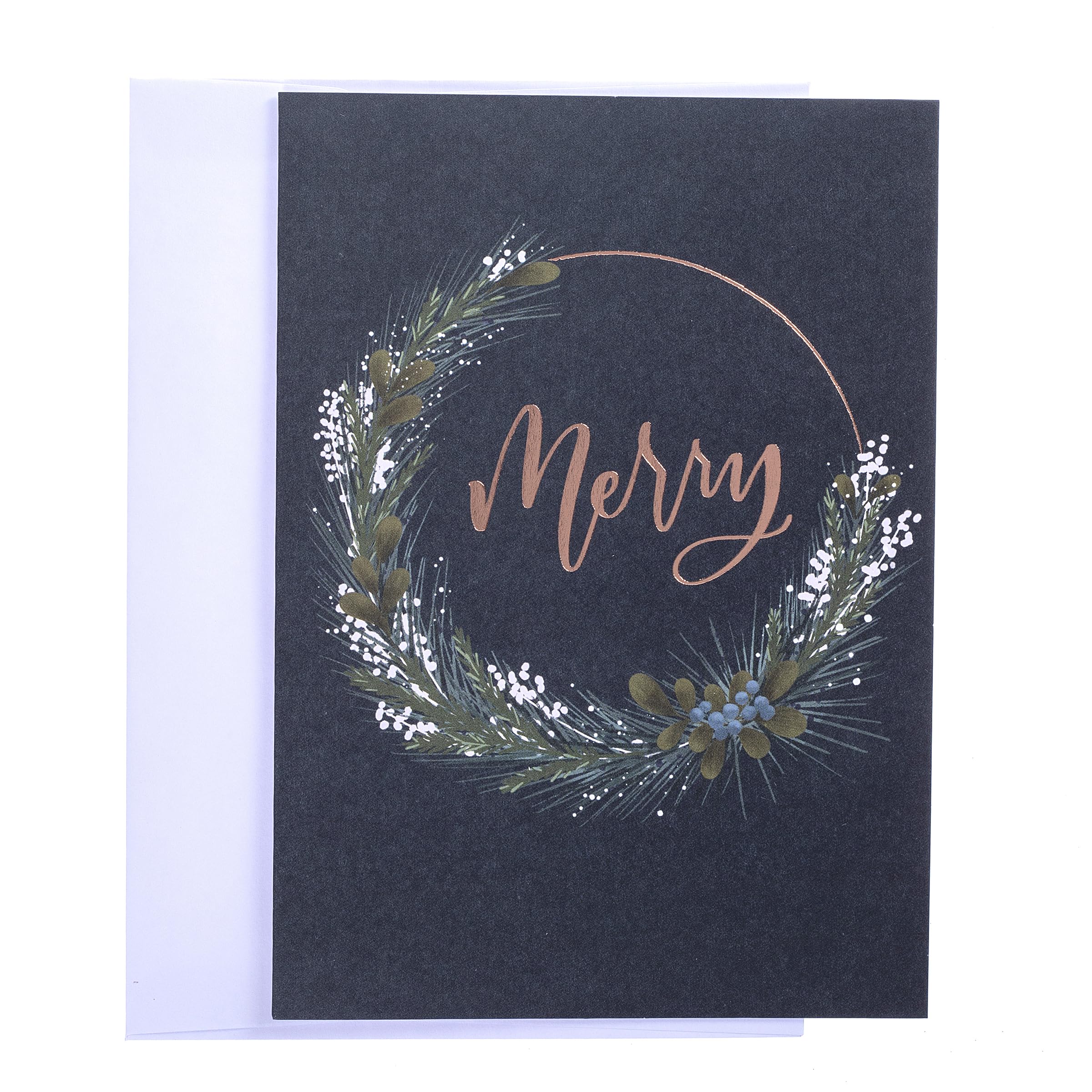 Graphique Merry Wreath Holiday Cards - Pack of 15 Cards with Envelopes - Christmas Greetings - Rose Gold Foil Accents - Boxed Set - 4.75" x 6.625"