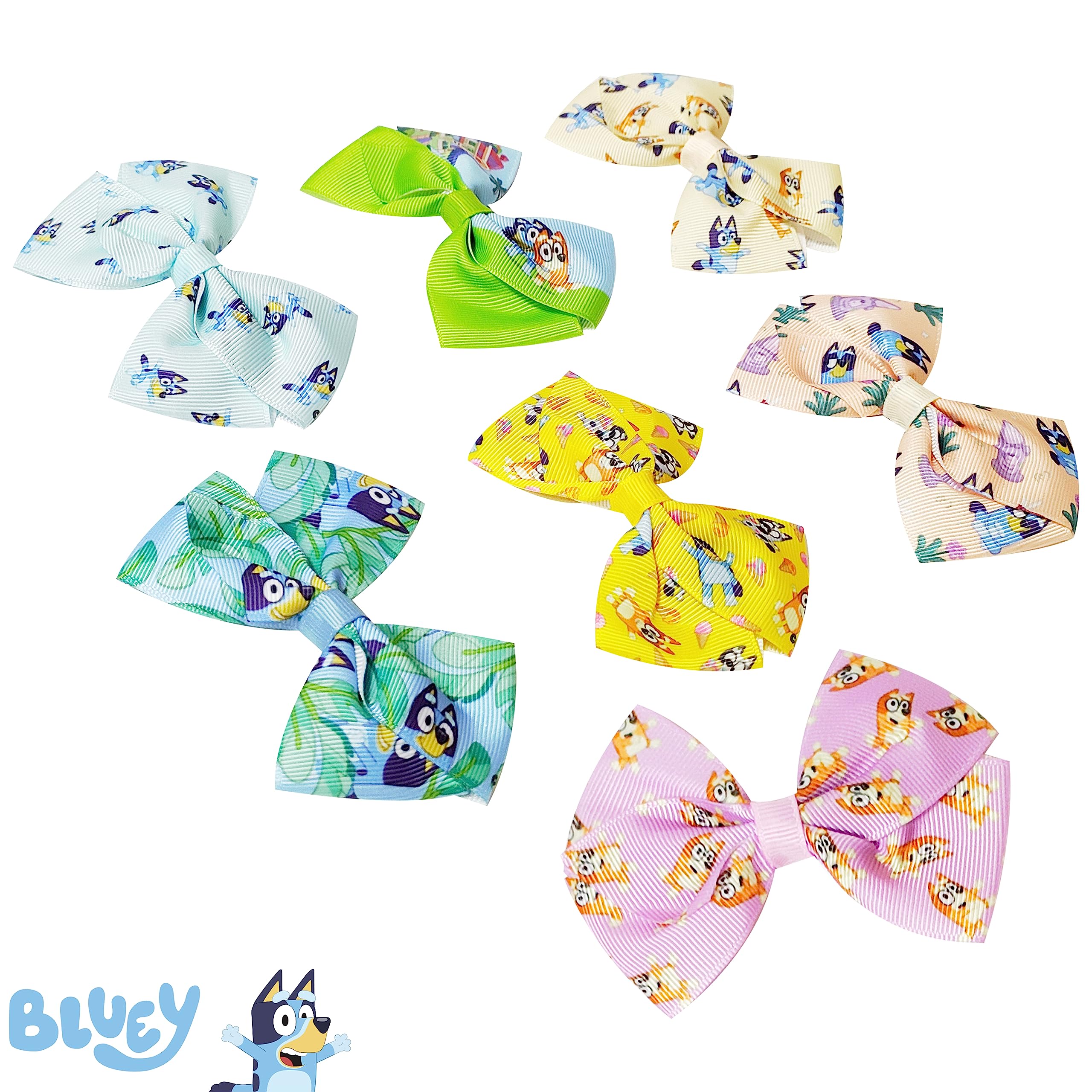 Bluey Kids Hair Bows - Hair Accessories Gift Set- 7 Pcs 4 Inch Bow Bundle- for Girls- Different print on each clip- Alligator Clip- Ages 3 +