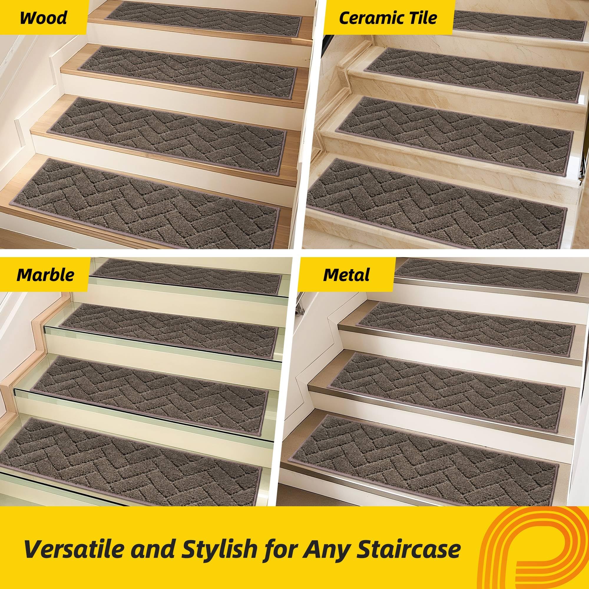 Non-Slip Stair Treads for Wooden Steps Indoor, 4 Pack 9" X 28" Edging Stair Runner with TPE Backing, 0.4" Thick Stair Rugs for Kids Elders & Pets, 100% Polyester Soft Carpet Stair Mats, Brown