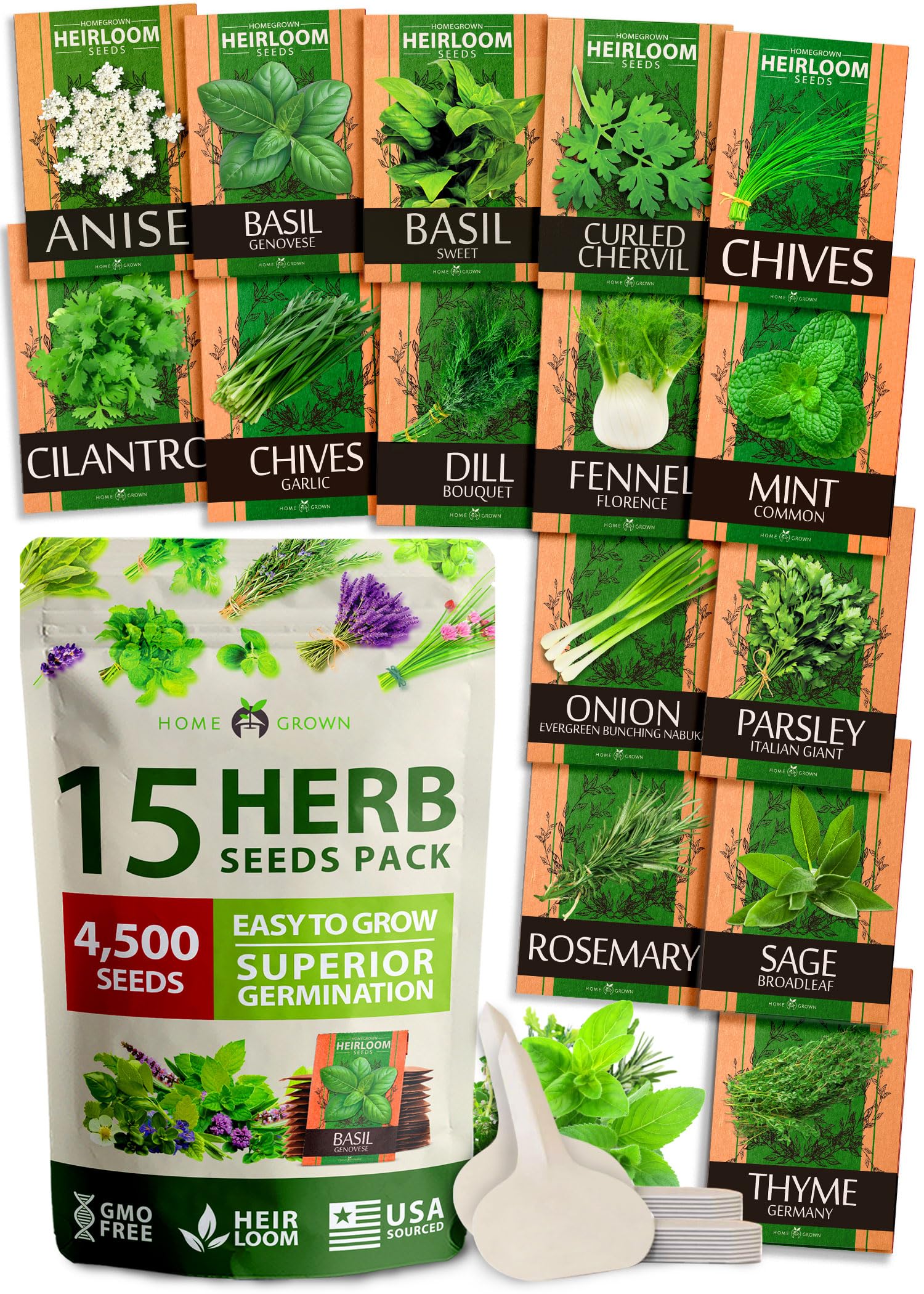 HOME GROWN 15 Culinary Herb Seeds - Heirloom & Non GMO - High Germination Rate - Seeds for Planting Indoor Hydroponic or Outdoor Garden | Gardening Gift Men Women Gardeners Basil, Cilantro, Mint