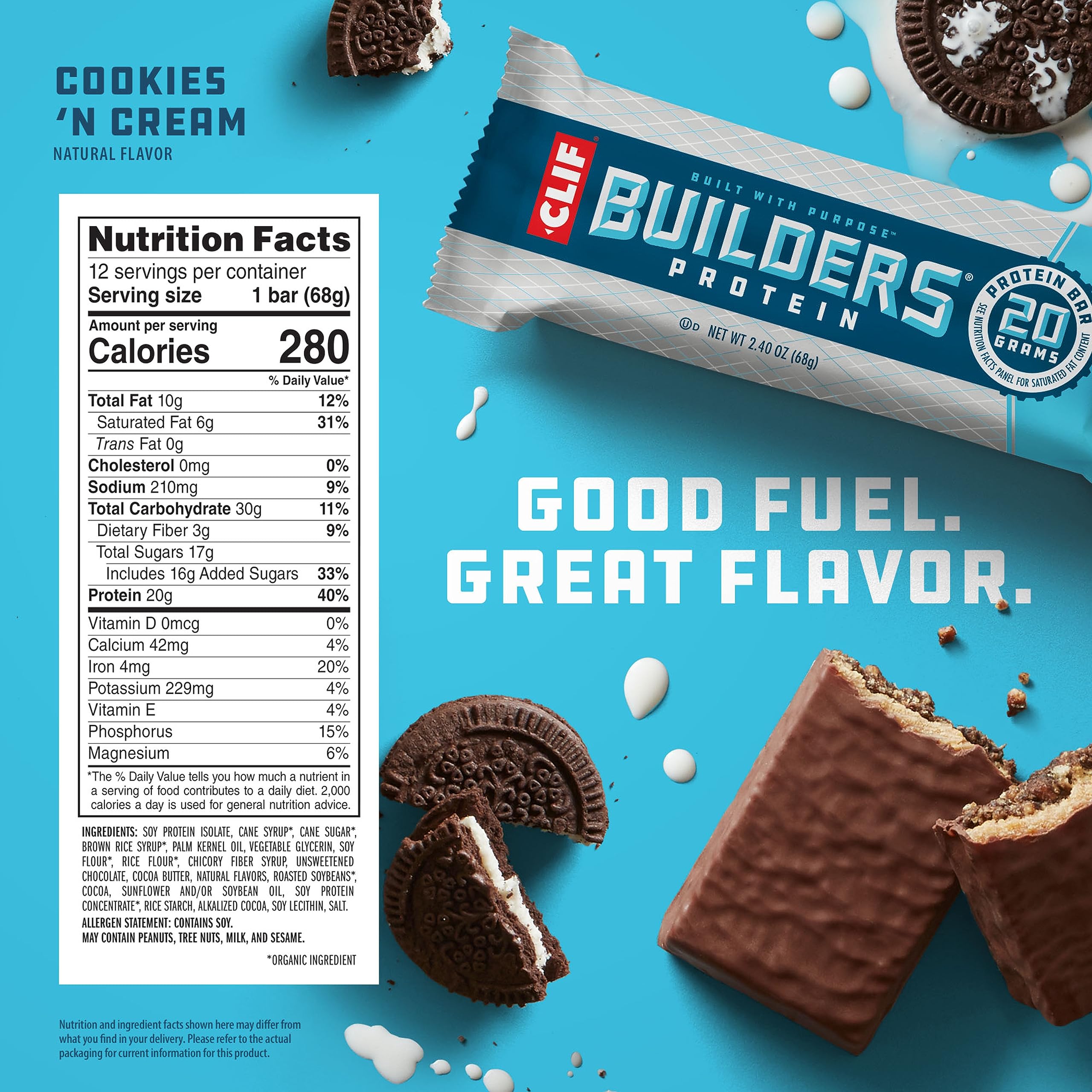 CLIF Builders - Cookies 'n Cream Flavor - Plant Based Protein Bars - Gluten Free - Non-GMO - Low Glycemic - 20g Protein - 2.4 oz. (12 Count)