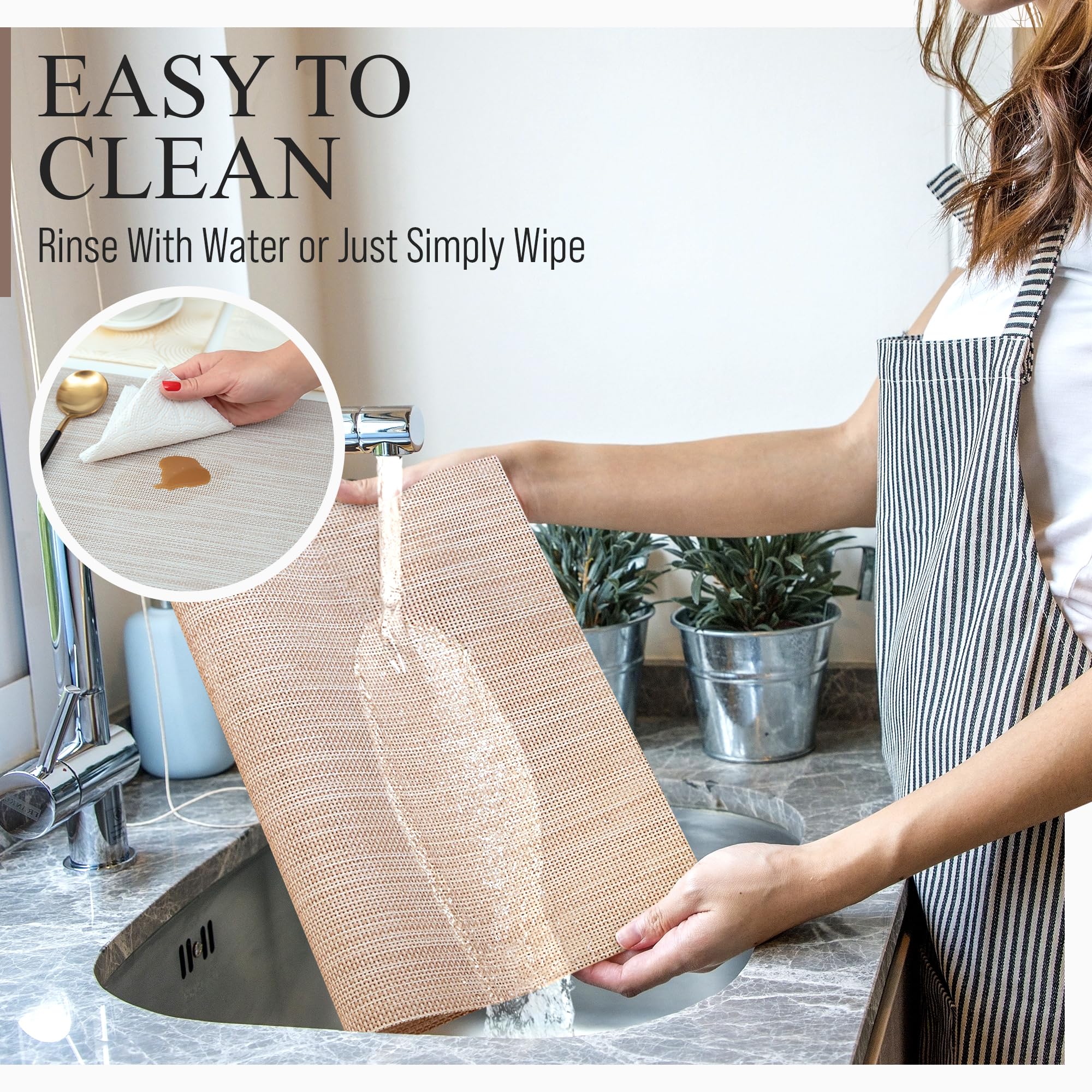 CraftyCrocodile Vinyl Placemats Set of 4 - Heat Resistant, Wipeable, Classic - Indoor & Outdoor Wipeable Place Mats for Dining Table – Durable Table Mats, 12 x 18 Inch, Beige