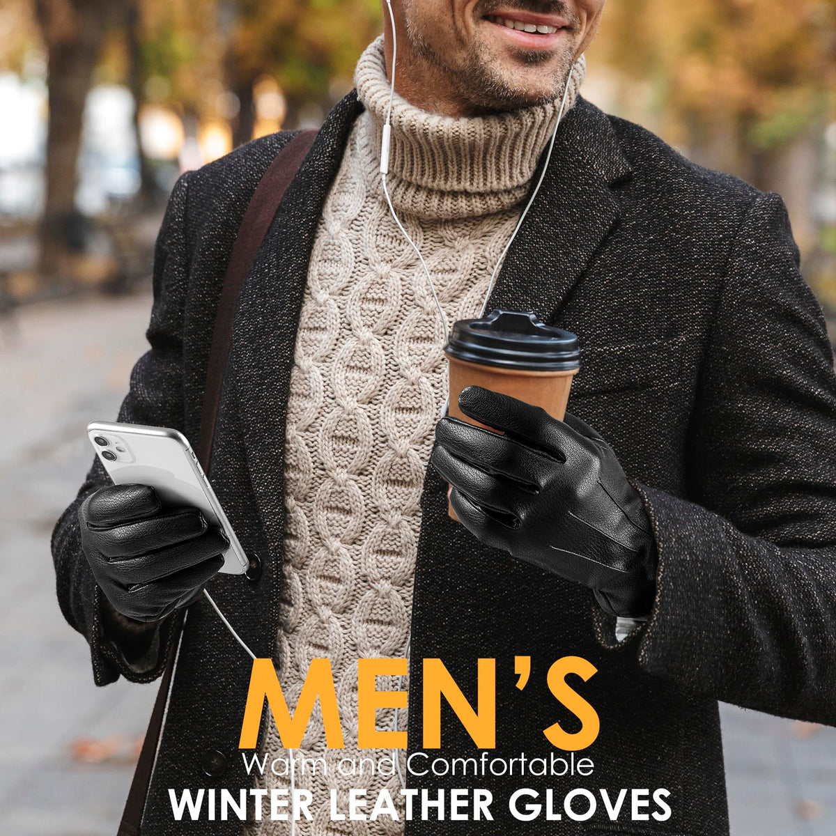 alqqas Winter Fashion Leather Gloves for Men, Finger Touchscreen Texting Wool Lined Outdoor Windproof Warm Driving Gloves