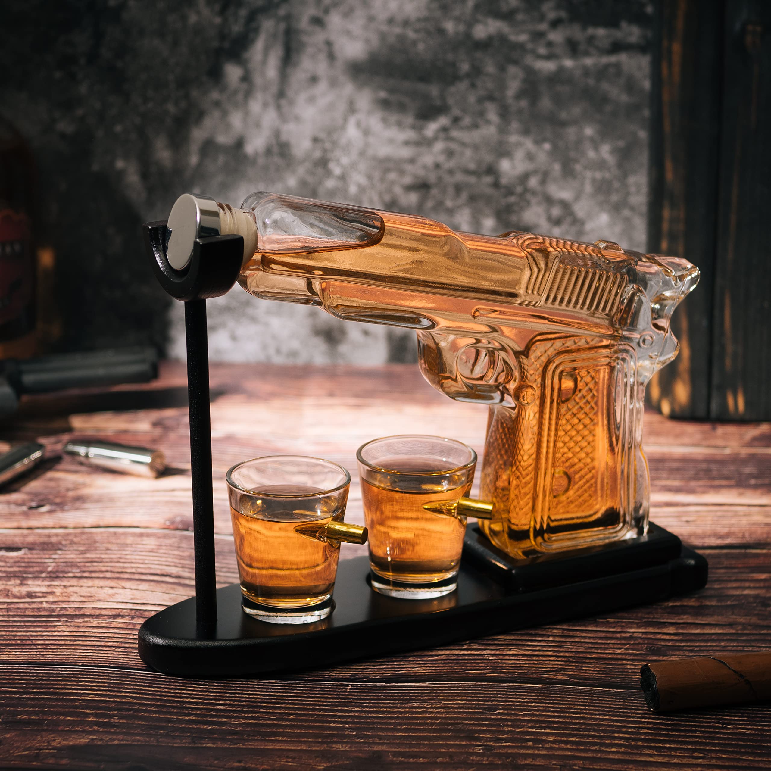 Gifts for Men Dad, Father Whiskey Decanter Set - 9 Oz with Two 2 Oz Glasses, Pistol Gun Cool Anniversary Birthday, Home Bar Gifts, Drinking Military Present Dispenser, Him Husband, Dispenser Bar Gift