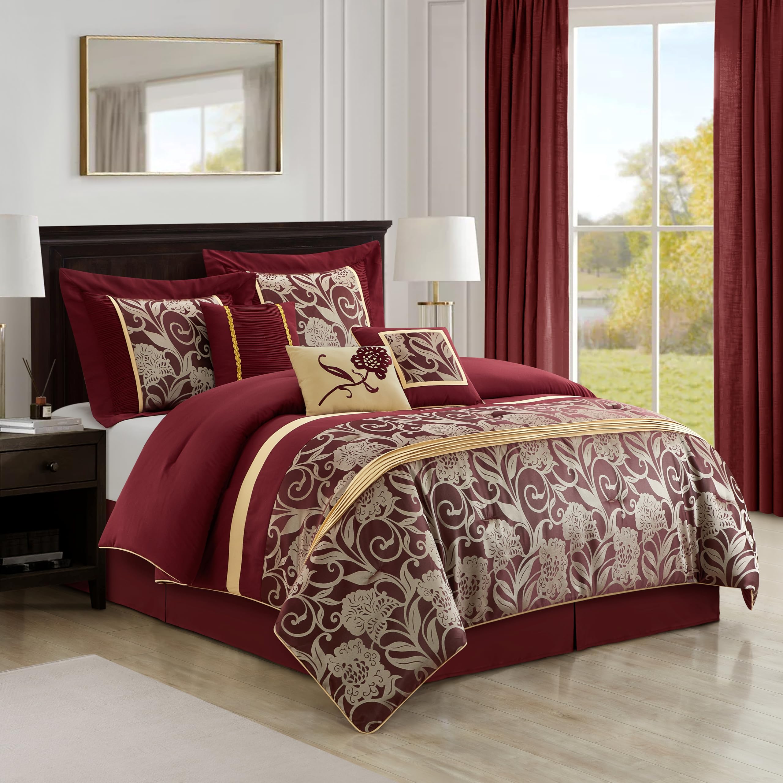 Stratford Park Jacquard 7-Piece Comforter Bedding Set, Red, California King, Floral Bedding Set, Matching Bedskirt, Pillows & Shams