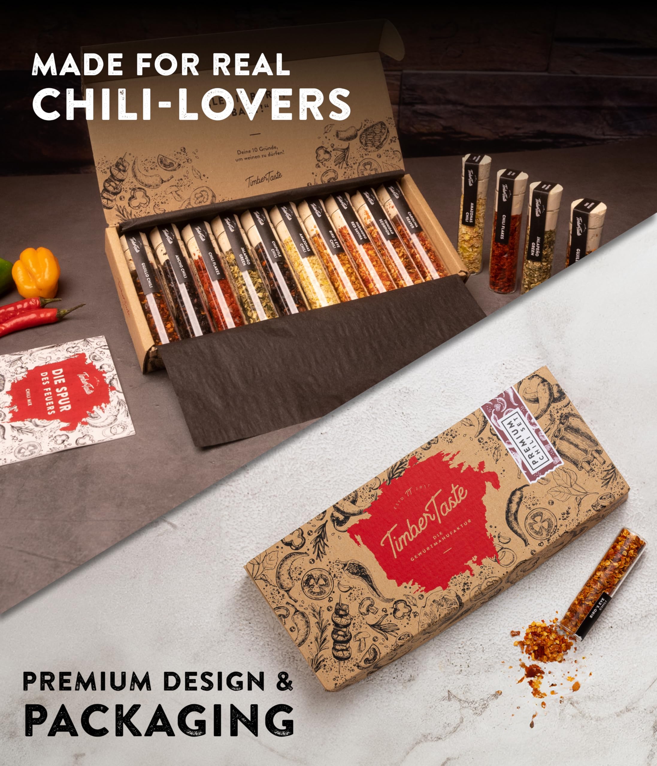 TIMBER TASTE® Hot Chili Gift Set for Men [UP TO 1,200,000 SCOVILLE] - 10 Exotic Pepper Varieties | Spicy Seasoning Gift Set | Spice Set for Him | Hot Spice Collection | Gourmet Food Gifts for Adults