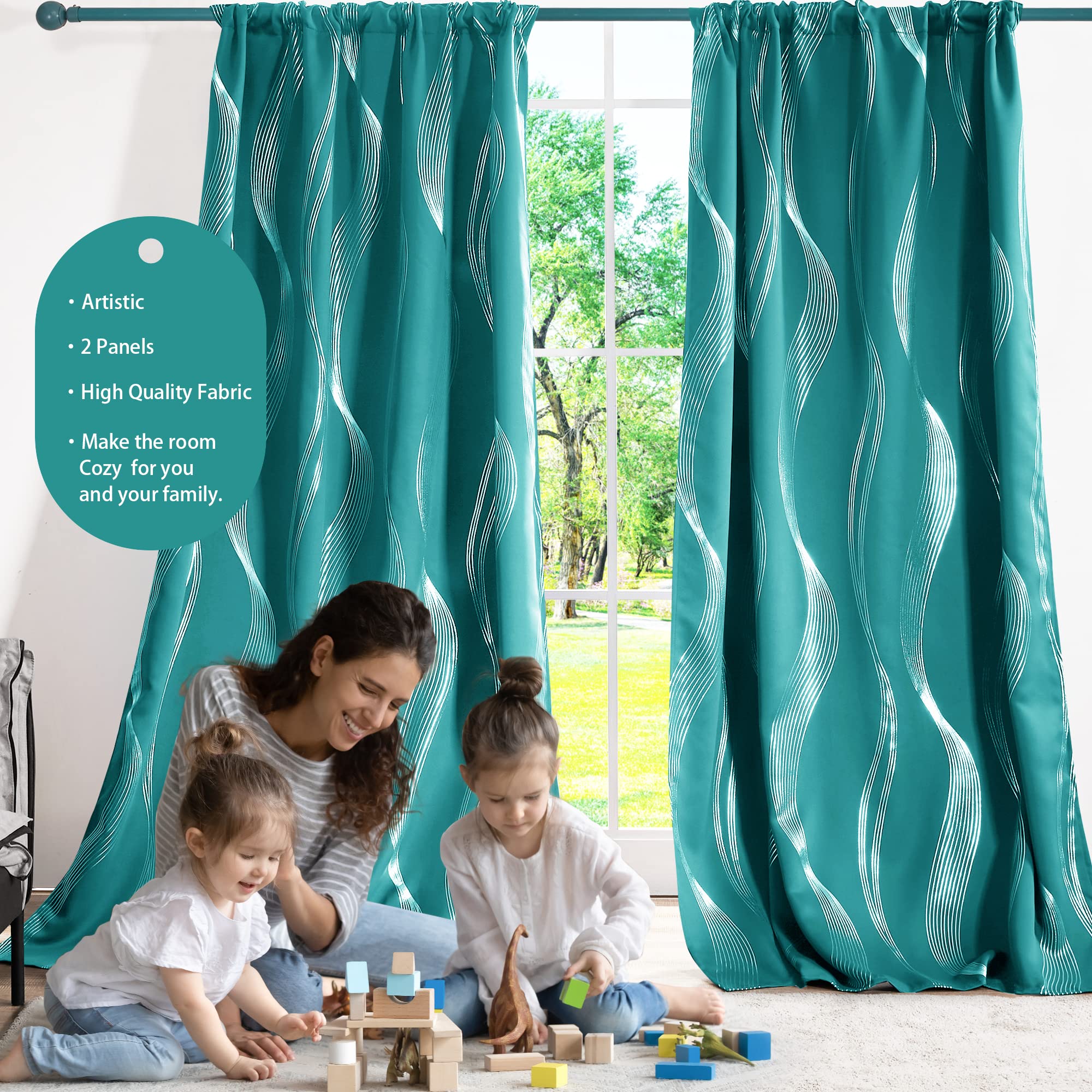 Deconovo Blackout Curtains 96 Inches Long, Living Room Curtains 95 Inch, Bedroom Curtains 2 Panel Sets, Kids Curtains,Silver Wave Back Tab Rod Pocket, 52W x 95L, Turquoise