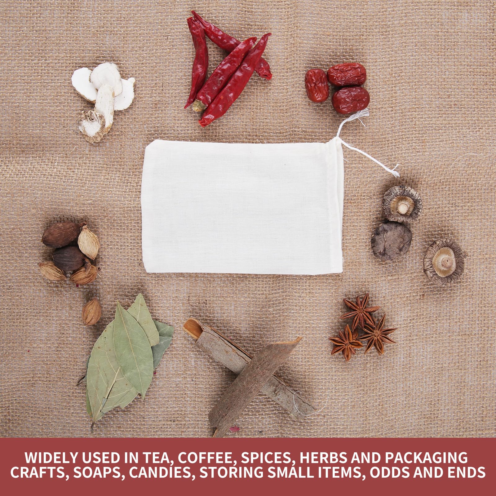 YICHEN 50pcs Muslin Bags with Drawstring,White Spice Bags, Safe and Natural Cotton Material Tea Filter Bags,Cheesecloth Bags for Coffee,Tea,Soup etc.8 x 6 inch.